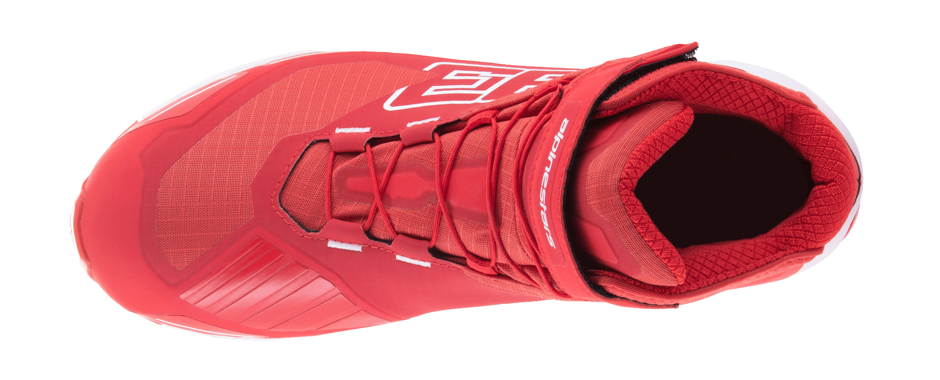Chaussure de moto Alpinestars MM93 CR-X Drystar, rouge vif et blanc, vue de dessus montrant le système de laçage et la sangle de cheville réglable, avec un grand graphique 93 et le marquage Alpinestars, chaussure de moto imperméable au design inspiré des chaussures de course