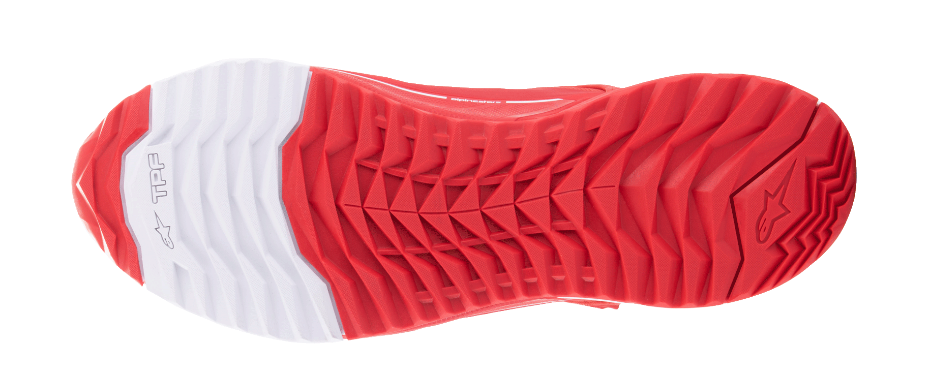 Chaussures de moto Alpinestars MM93 CR-X Drystar®, vue de la semelle extérieure, rouge éclatant et blanc, configuration asymétrique des crampons pour l'adhérence, talon blanc avec logo étoile Alpinestars, composé de caoutchouc double résistant à l'huile pour la stabilité et le confort de marche