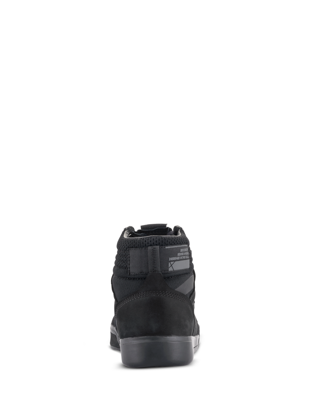 Alpinestars Primer Riding Shoes, Schwarz auf Schwarz, Rückansicht mit verstärkter Ferse, Mesh-Kragen und Gummisohle, schützendes urbanes Motorradschuhwerk