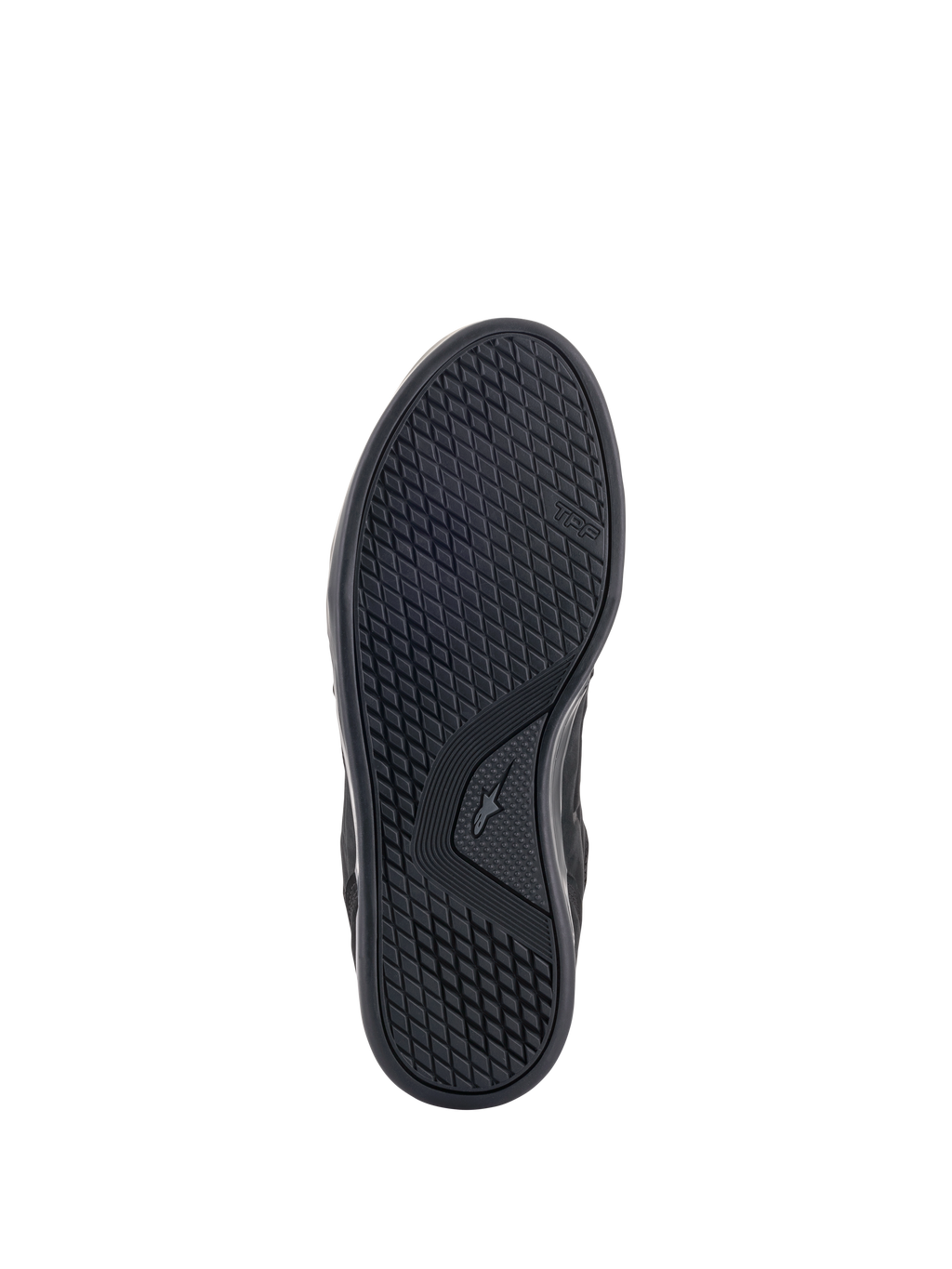 Alpinestars Primer Motorradschuhe, Ansicht der Außensohle, Schwarz, mit einer ölbeständigen Doppelgummimischung und asymmetrischer Stollenkonfiguration für Grip und hohe Abriebfestigkeit, TPF-Branding an der Seite sichtbar