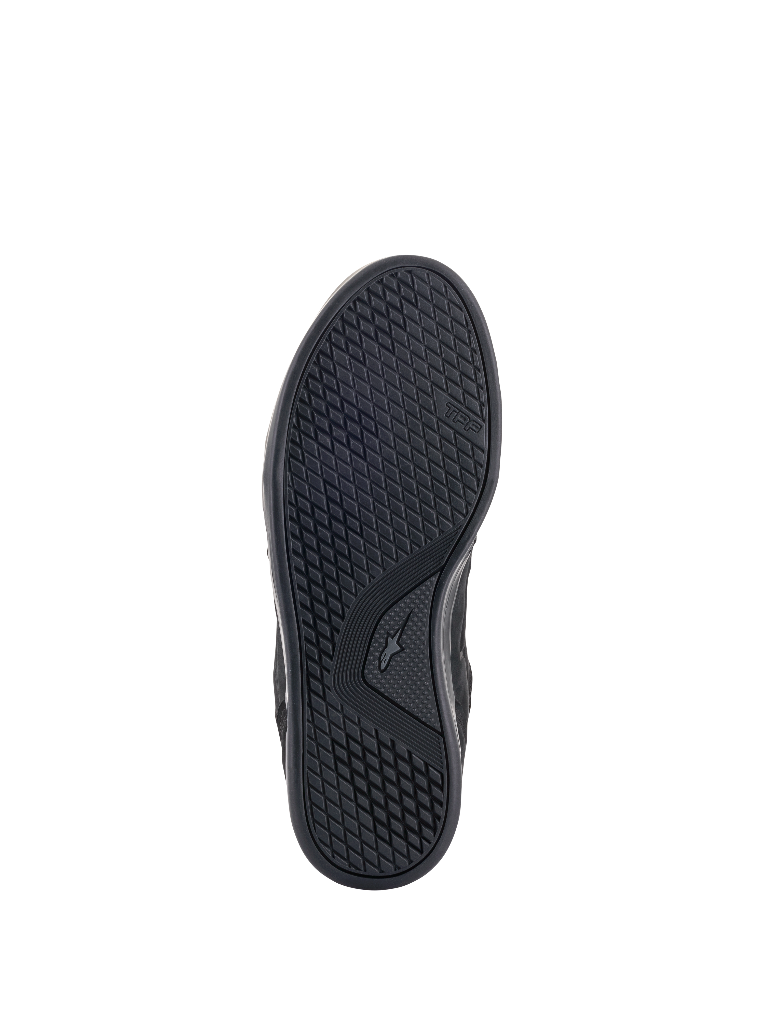Alpinestars Primer Motorradschuhe, Ansicht der Außensohle, Schwarz, mit einer ölbeständigen Doppelgummimischung und asymmetrischer Stollenkonfiguration für Grip und hohe Abriebfestigkeit, TPF-Branding an der Seite sichtbar