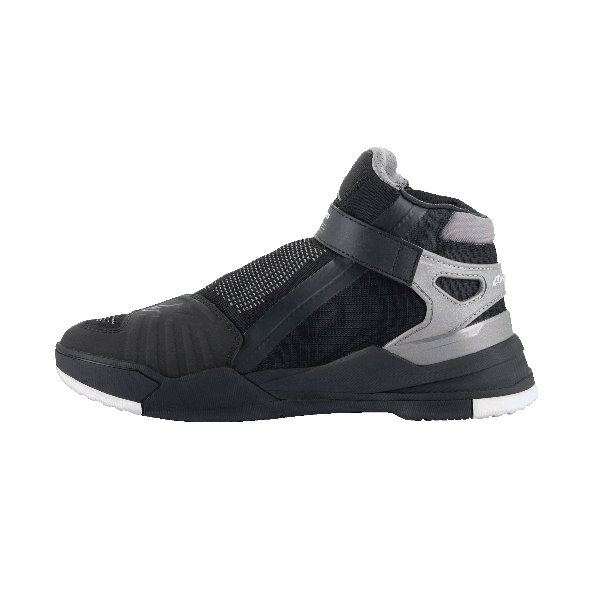 Alpinestars Speedflight Street Shoes, urban motorschoenen, Zwart en Gun Metal, zijaanzicht met mesh bovenwerk, TPU-verstevigingen en een zijdelingse bandsluiting, sportief op sneakers geïnspireerd ontwerp