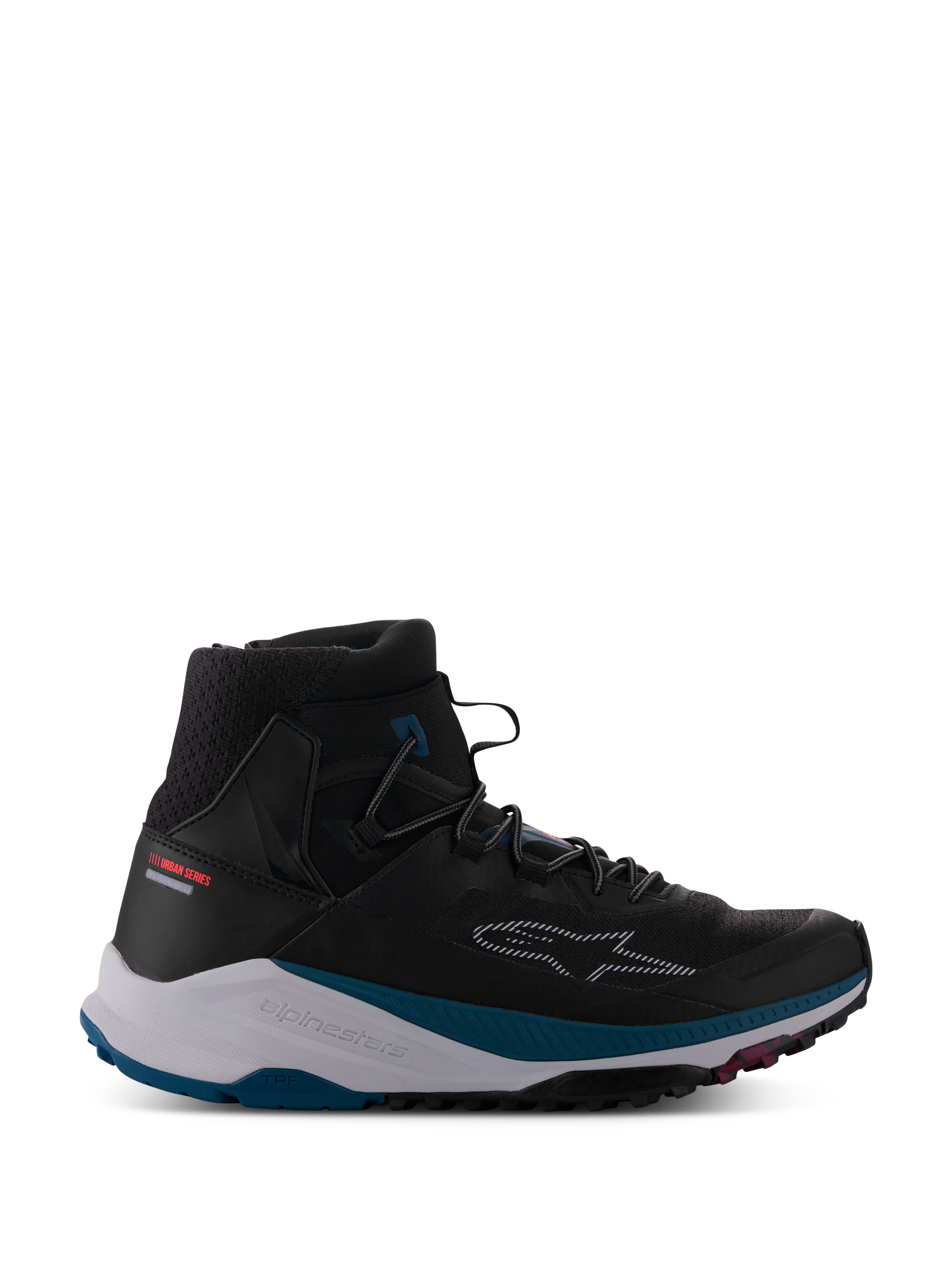 Alpinestars Speedforce XR schoenen, zwarte hoge urban motorsneaker, getextureerde ademende mesh enkelkraag, witte tussenzool met petrolgroene accenten, robuuste zwarte zool met roze details, onderbroken sterlogo op de zijkant, Urban Series collectie, modern schoeisel voor straatgebruik