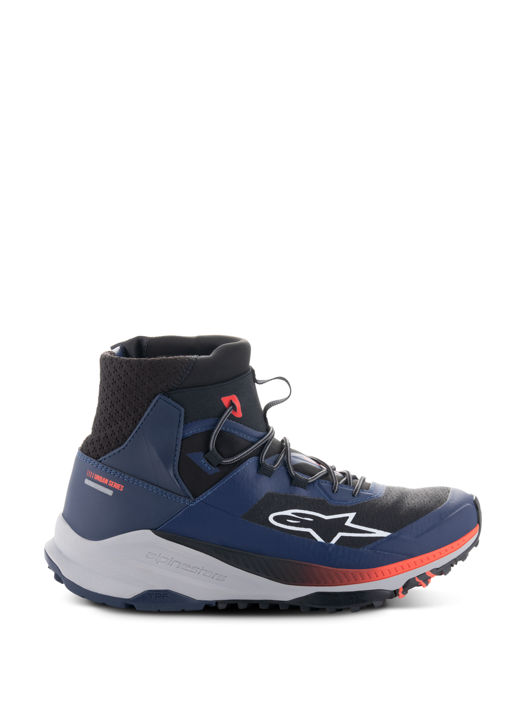 Alpinestars Speedforce XR Shoes, High-Top Urban Motorcycle Sneakers, Blue and Black with Red Accents, Rugged Light Gray Sole, Mesh Ankle Texture, Side Profile View