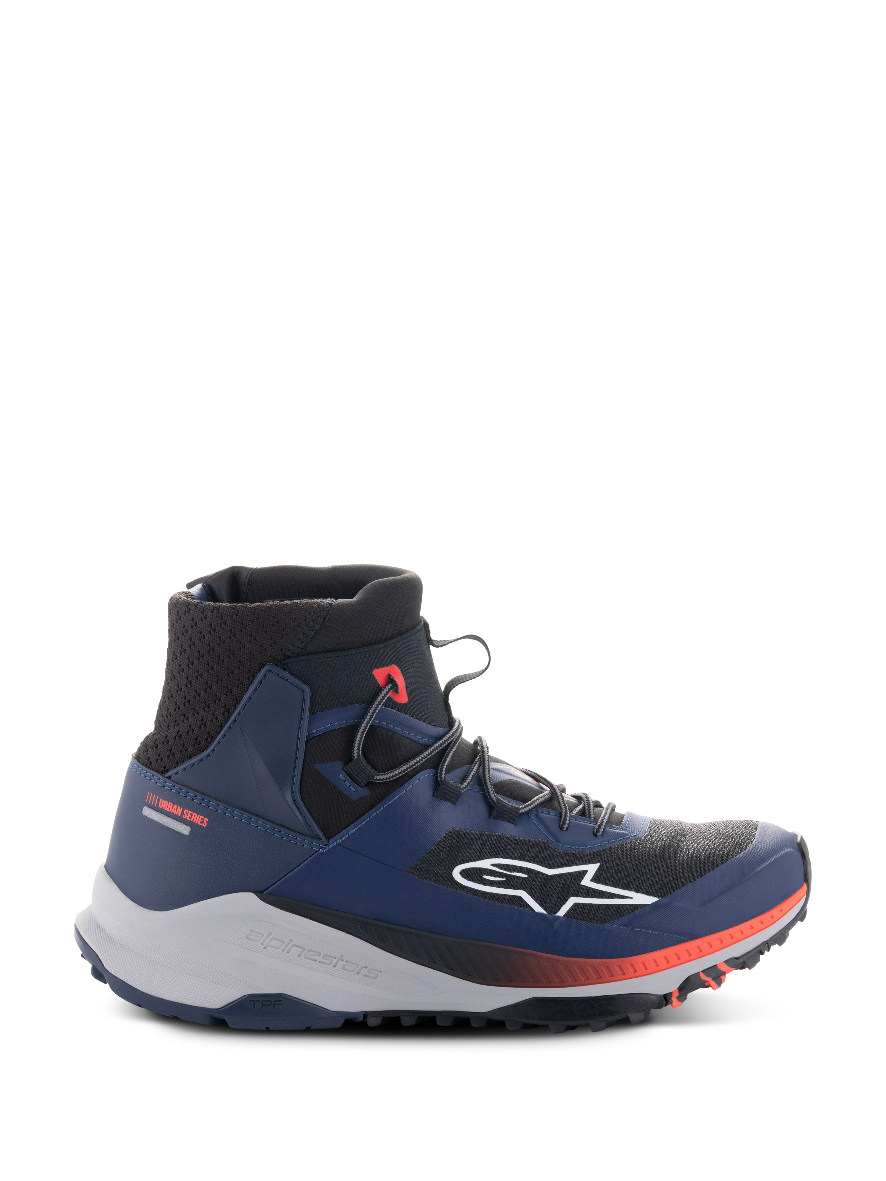 Alpinestars Speedforce XR Shoes, High-Top Urban Motorcycle Sneakers, Blue and Black with Red Accents, Rugged Light Gray Sole, Mesh Ankle Texture, Side Profile View
