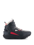 Alpinestars Speedstreet schoenen, motorschoenen, zwart, ecru en felrood, hoog model zijaanzicht, op streetwear geïnspireerd ontwerp, gewatteerde enkelkraag, dikke zool met TPF-markering, beschermende uitrusting voor stedelijk rijden
