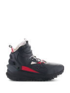 Alpinestars Speedstreet schoenen, motorschoenen, zwart, ecru en felrood, hoog model zijaanzicht, op streetwear geïnspireerd ontwerp, gewatteerde enkelkraag, dikke zool met TPF-markering, beschermende uitrusting voor stedelijk rijden