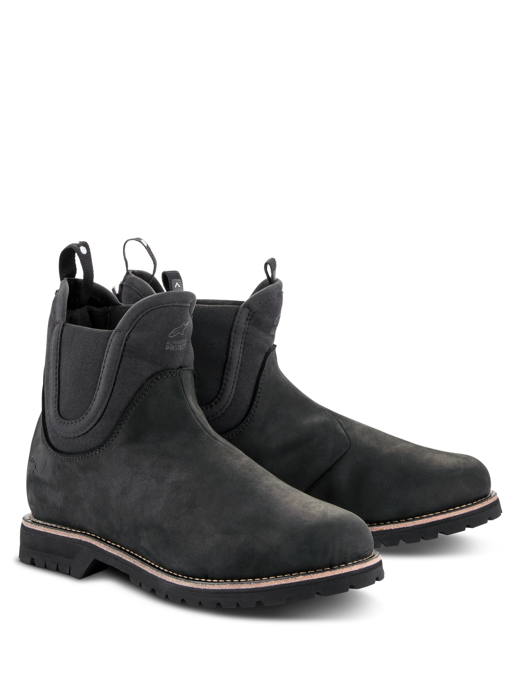 Alpinestars Turnstone schoenen, zwarte motorlaarzen in Chelsea-stijl, bovenwerk van mat runderleer met elastische zijpanelen en treklussen aan de achterzijde, urban motorschoenen met een robuuste profielzool en witte stiksels