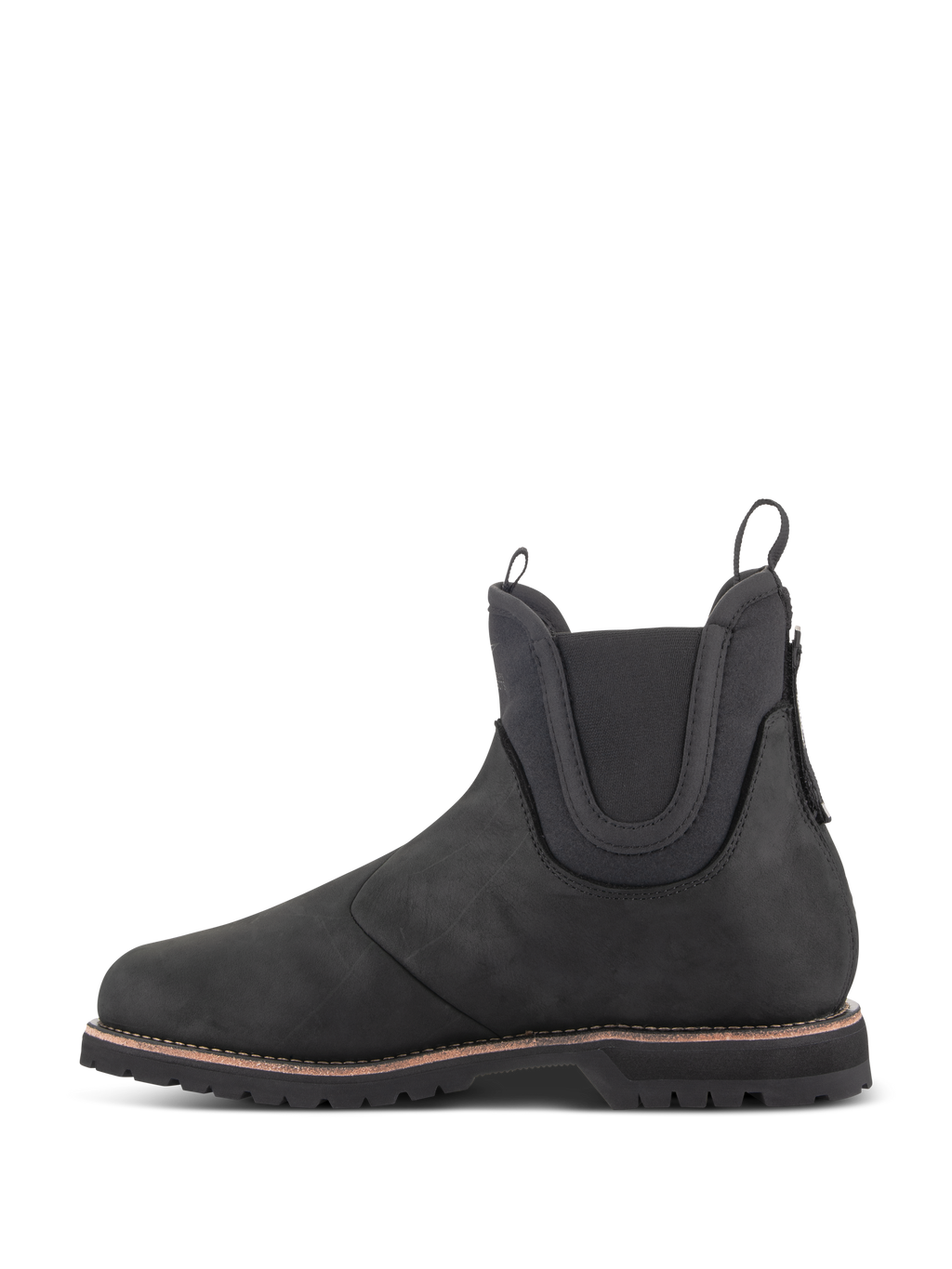 Alpinestars Turnstone schoenen, zwarte motorlaars in Chelsea-stijl, zijaanzicht, vervaardigd uit 1,5 mm runderleer met elastische enkelpanelen en treklussen aan de voor- en achterkant