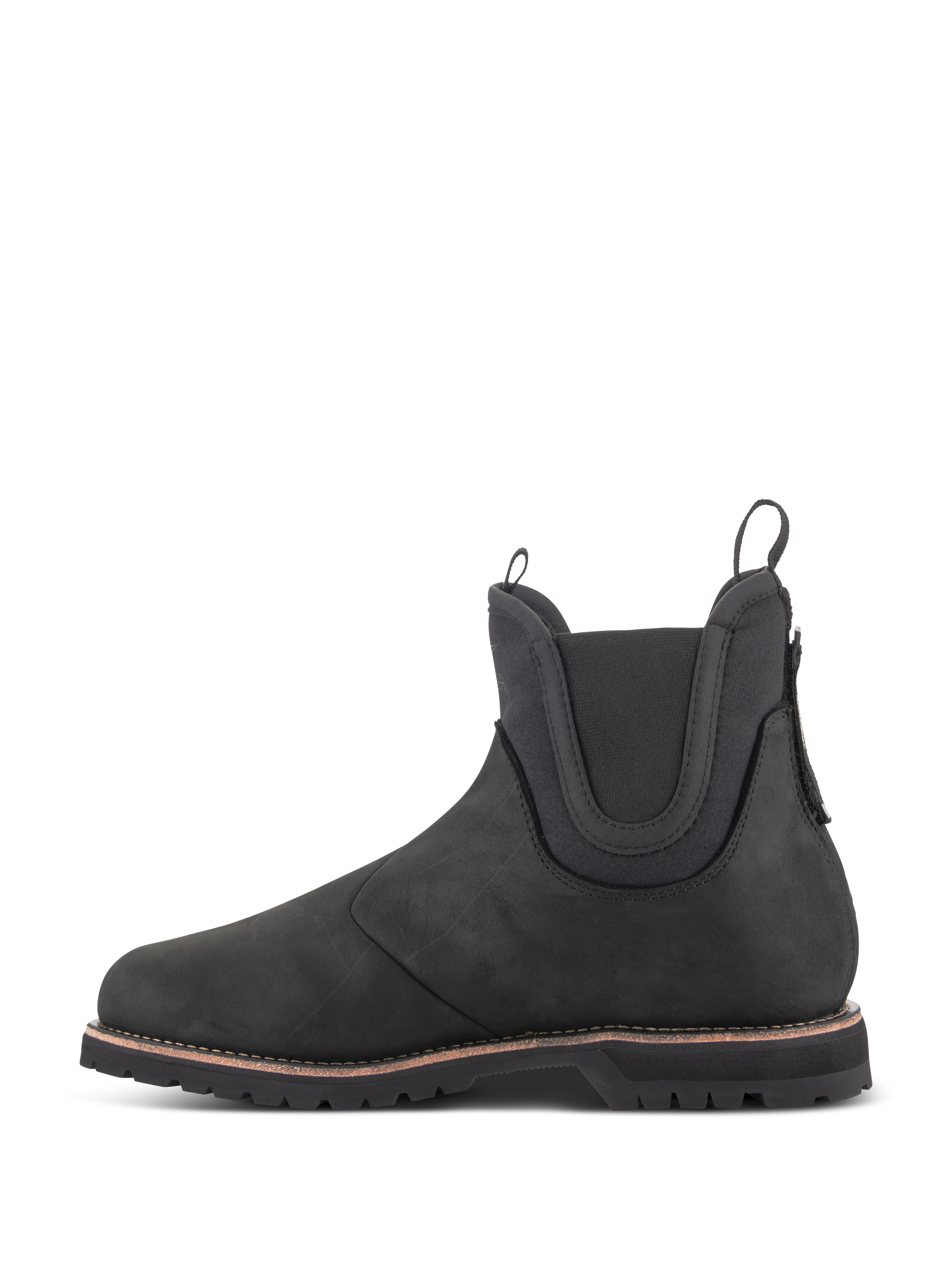 Alpinestars Turnstone schoenen, zwarte motorlaars in Chelsea-stijl, zijaanzicht, vervaardigd uit 1,5 mm runderleer met elastische enkelpanelen en treklussen aan de voor- en achterkant