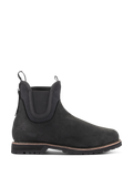 Alpinestars Turnstone schoenen in het zwart, Chelsea-stijl motor enkellaarzen, mat runderleer met elastische zijpanelen, dikke profielzool met een bruin randdetail, dubbele aantreklussen, beschermend urban motorschoeisel