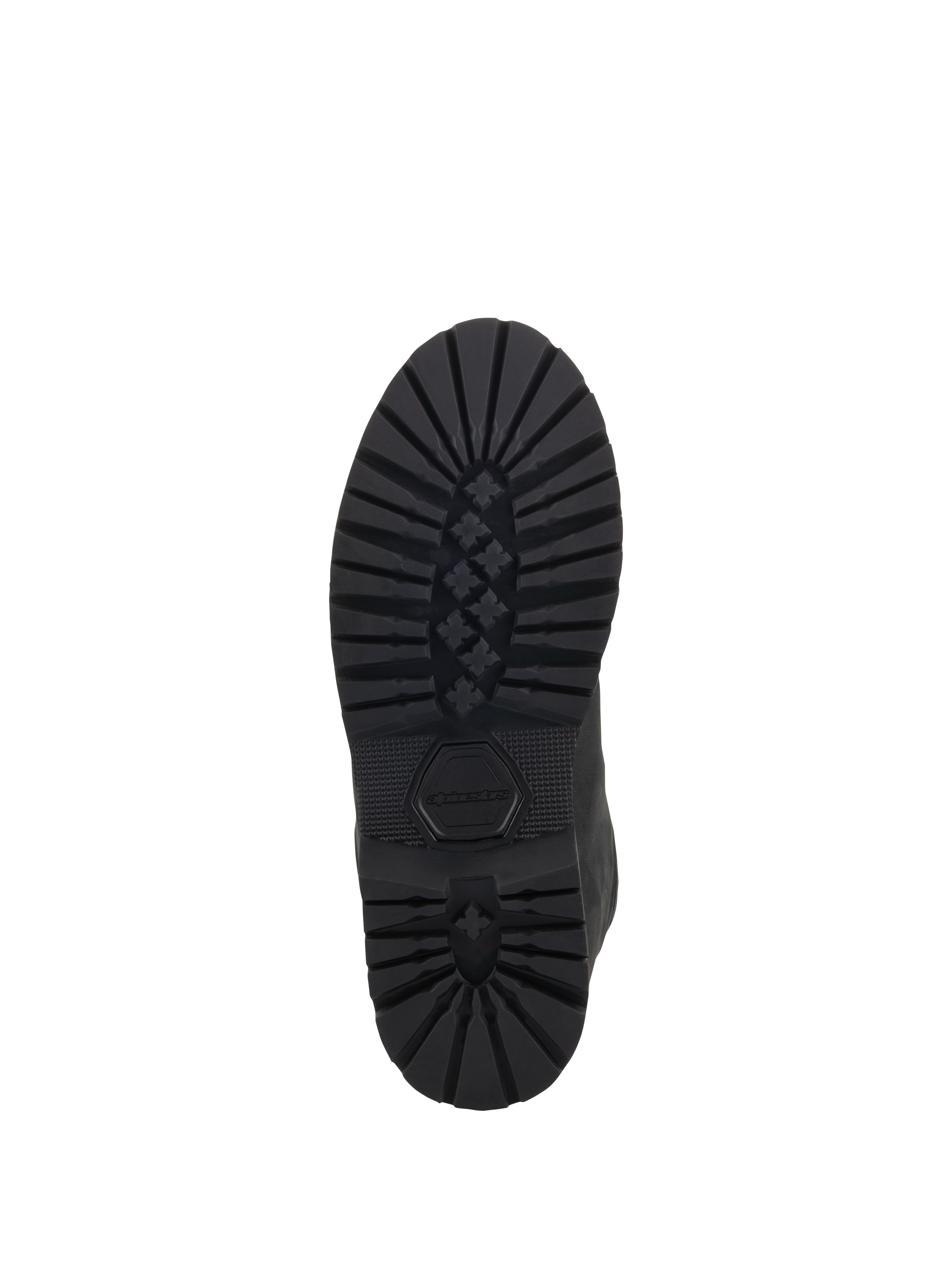Alpinestars Turnstone schoenen, zwart, onderaanzicht van de robuuste rubberen buitenzool met een diep profiel in sterpatroon en een verzonken Alpinestars-logo, duurzaam schoeisel voor stedelijk motorrijden