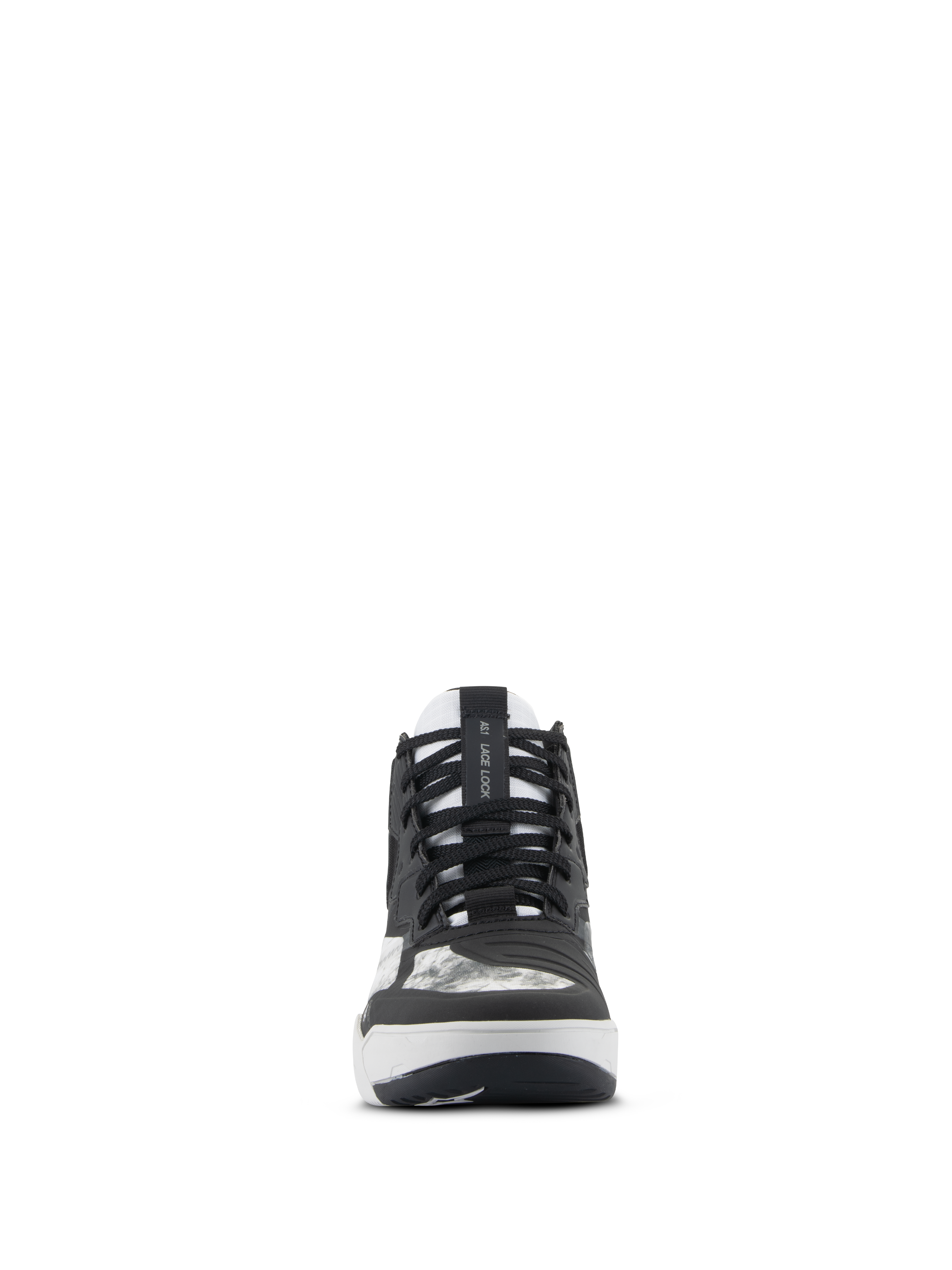 Alpinestars Speedflight Schuhe, Motorradschuhe, Schwarz, Grau und Weiß, Vorderansicht mit schwarzen Schnürsenkeln, AS1 Lace Lock-Riemen auf der Zunge und integriertem Schaltpolster, Performance-Schuhwerk im Street-Style