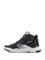 Alpinestars Speedflight Schuhe, Motorradschuhe, Schwarz, Grau und Weiß, Seitenansicht mit Ripstop-Textilobermaterial, grau gemusterten Einsätzen, schwarzer verstärkter Ferse und dicker weißer Zwischensohle mit Markenlogo, urbanes sportliches Design