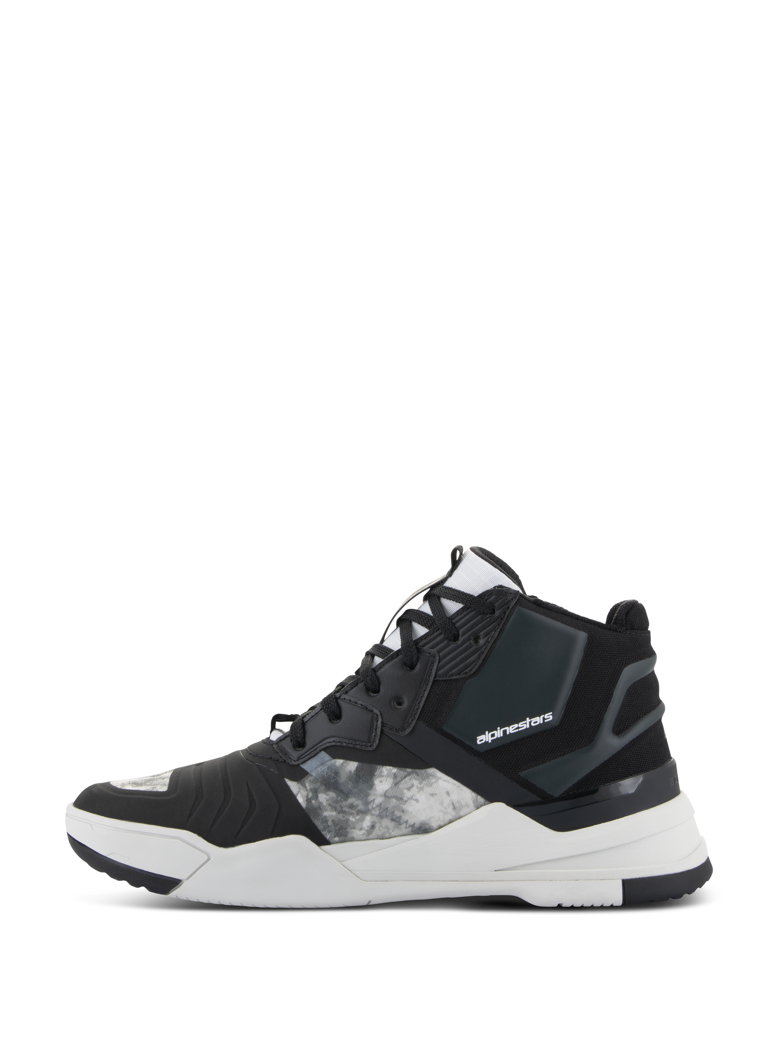 Alpinestars Speedflight Schuhe, Motorradschuhe, Schwarz, Grau und Weiß, Seitenansicht mit Ripstop-Textilobermaterial, grau gemusterten Einsätzen, schwarzer verstärkter Ferse und dicker weißer Zwischensohle mit Markenlogo, urbanes sportliches Design
