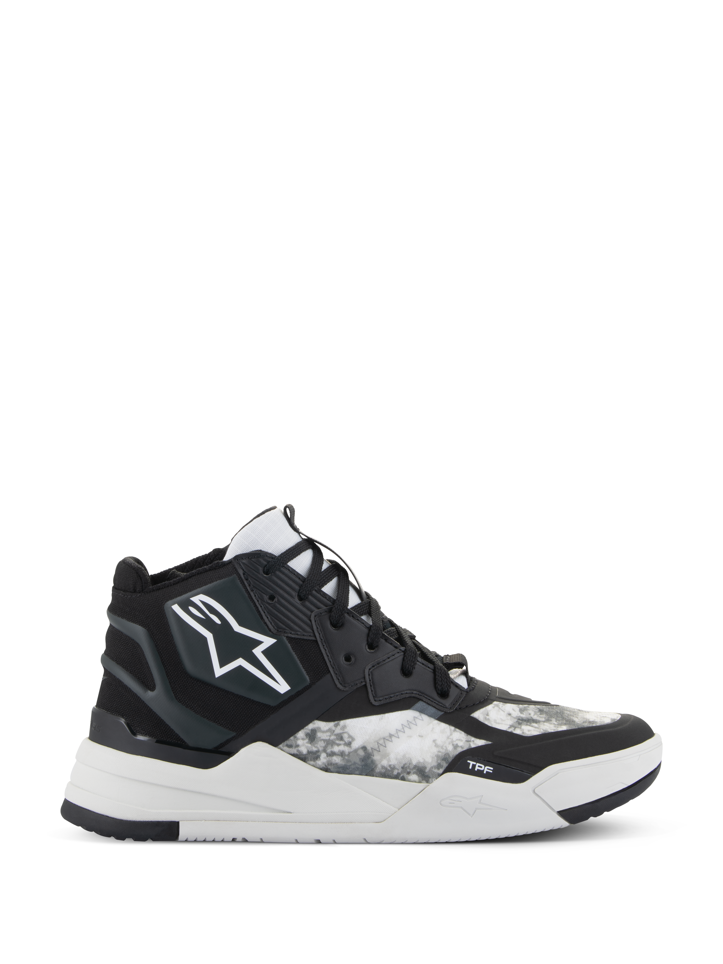 Alpinestars Speedflight schoenen, hoge performance motorsneakers, zwart, grijs en wit, met een wit ster-logo, getextureerd ripstop-patroon op de zijpanelen en een dikke witte geometrische zool met TPF-branding