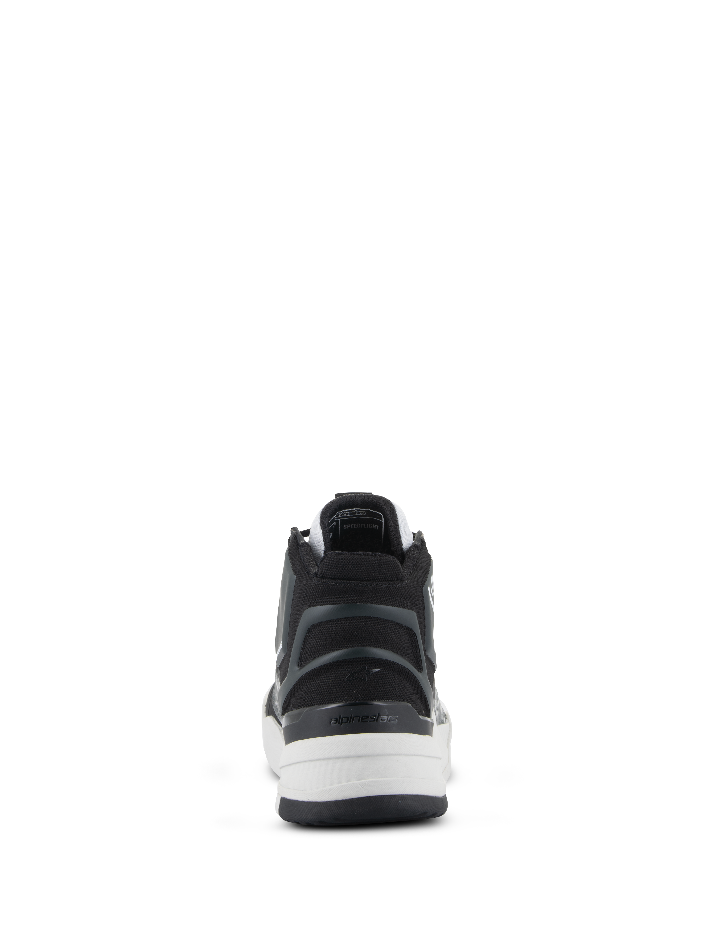 Alpinestars Speedflight Schuhe, Performance-Motorradschuhe, Schwarz, Grau und Weiß, Rückansicht mit Fokus auf die asymmetrische TPU-Fersenkappe mit Logo, weißer Zwischensohle und urbanem, sportlichem Design