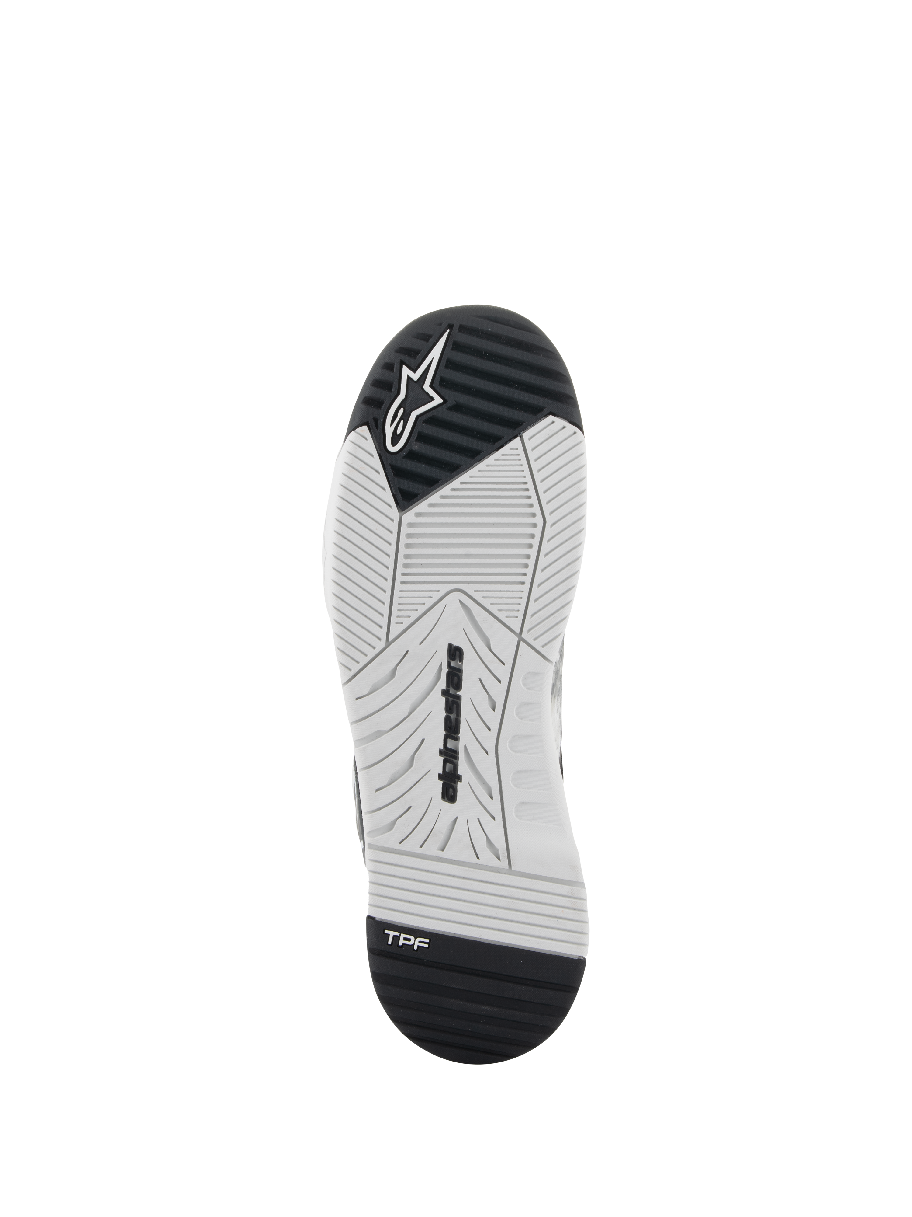 Alpinestars Speedflight Schuhe, Motorradschuhe, Schwarz und Weiß, Unteransicht der Sohle mit Gummisohle mit doppelter Dichte, Alpinestars-Branding und TPF Transversal Protection Frame-Logo, technisch entwickeltes Profil für Griffigkeit