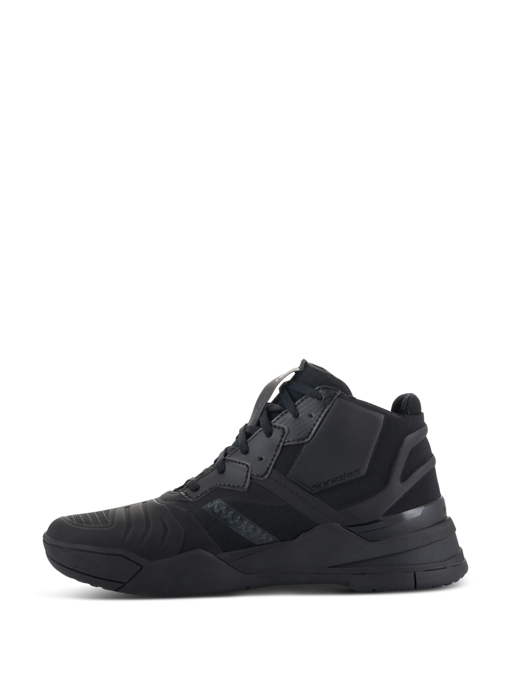 Chaussures Alpinestars Speedflight, Noir Noir, vue de profil de chaussures de moto haute performance, design mi-montant inspiré des baskets avec tige en ripstop et panneaux de renfort sans couture, silhouette athlétique durable entièrement noire