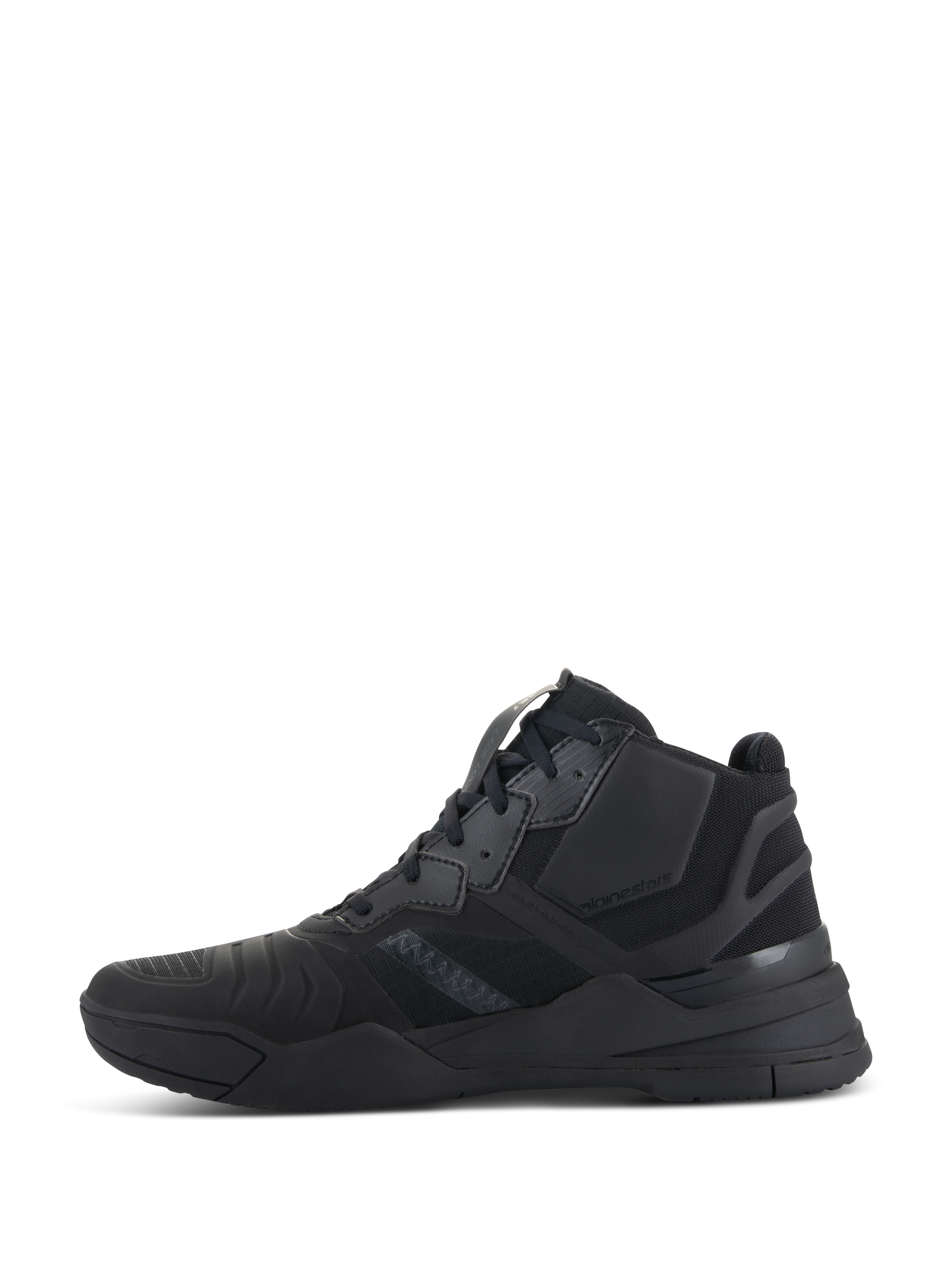 Chaussures Alpinestars Speedflight, Noir Noir, vue de profil de chaussures de moto haute performance, design mi-montant inspiré des baskets avec tige en ripstop et panneaux de renfort sans couture, silhouette athlétique durable entièrement noire