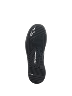 Chaussures Alpinestars Speedflight, chaussures de moto, noir, vue de dessous de la semelle en caoutchouc double densité, présentant le logo Alpinestars et le marquage TPF, motif de sculpture technique pour la performance urbaine