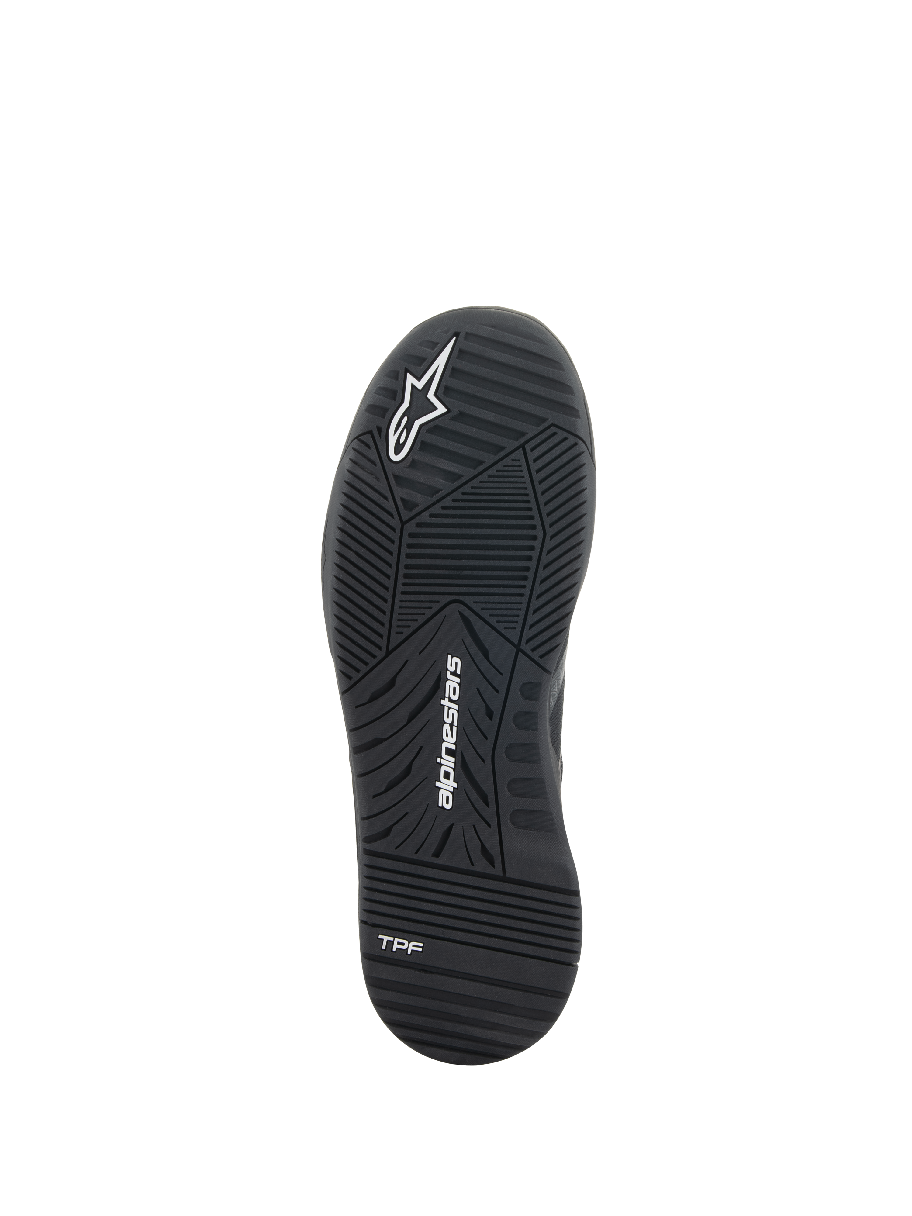 Chaussures Alpinestars Speedflight, chaussures de moto, noir, vue de dessous de la semelle en caoutchouc double densité, présentant le logo Alpinestars et le marquage TPF, motif de sculpture technique pour la performance urbaine