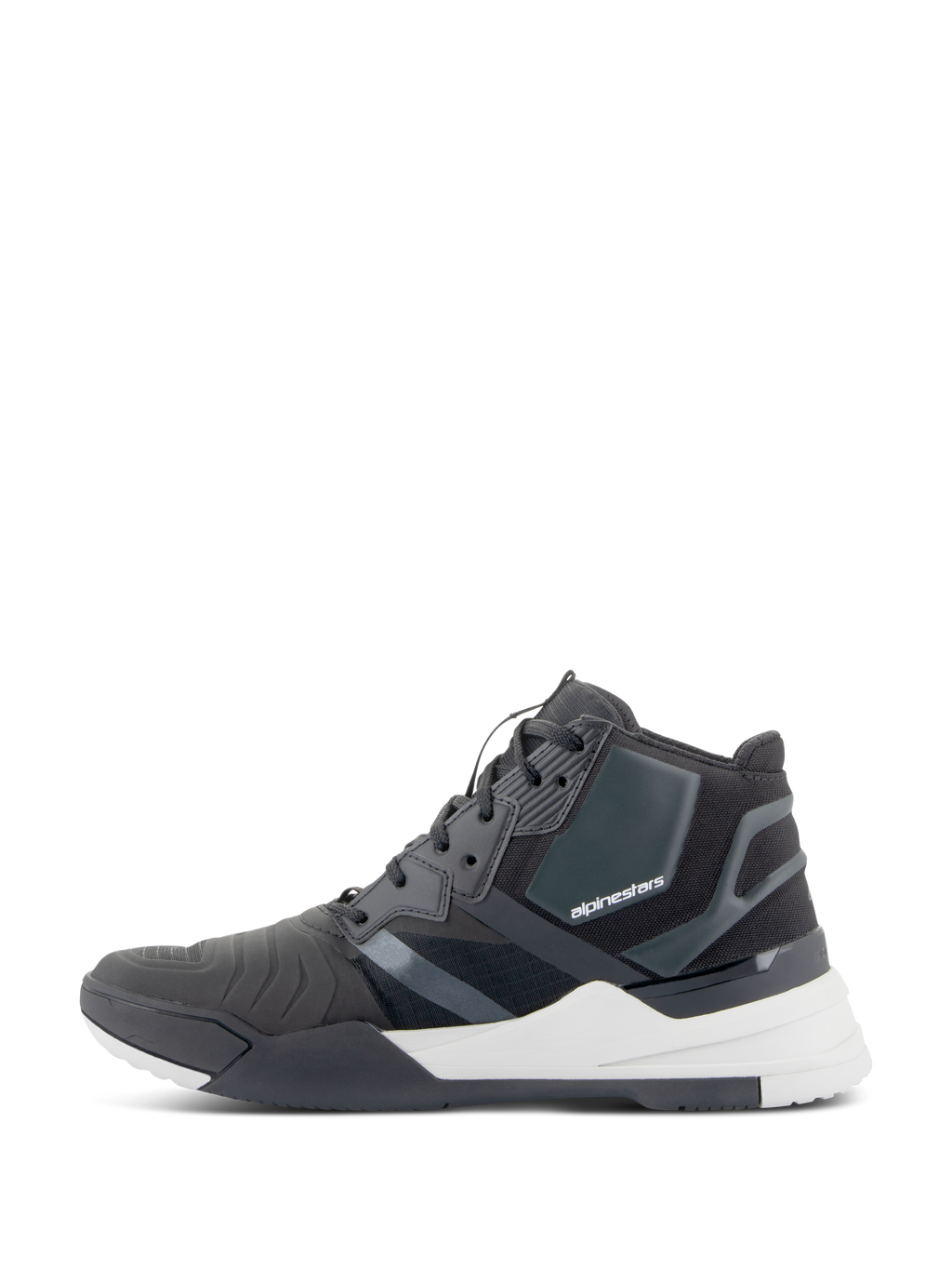 Alpinestars Speedflight schoenen, prestatiegerichte motorschoenen, zwart en wit, zijaanzicht met een ripstop bovenwerk met naadloze versterkingspanelen, Alpinestars-branding aan de zijkant en een dikke witte tussenzool, urban technische motorschoenen