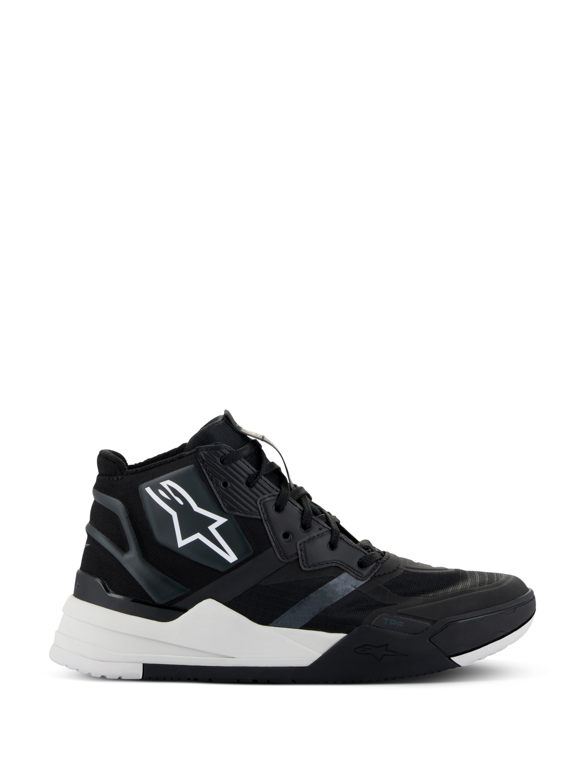 Alpinestars Speedflight Shoes, high-top motorcycle riding shoes, Black and White, featuring a ripstop upper with seamless reinforcements, white star logo on the side, dual-density sole with thick white midsole and black accents, modern sneaker-inspired design for urban motorcycling