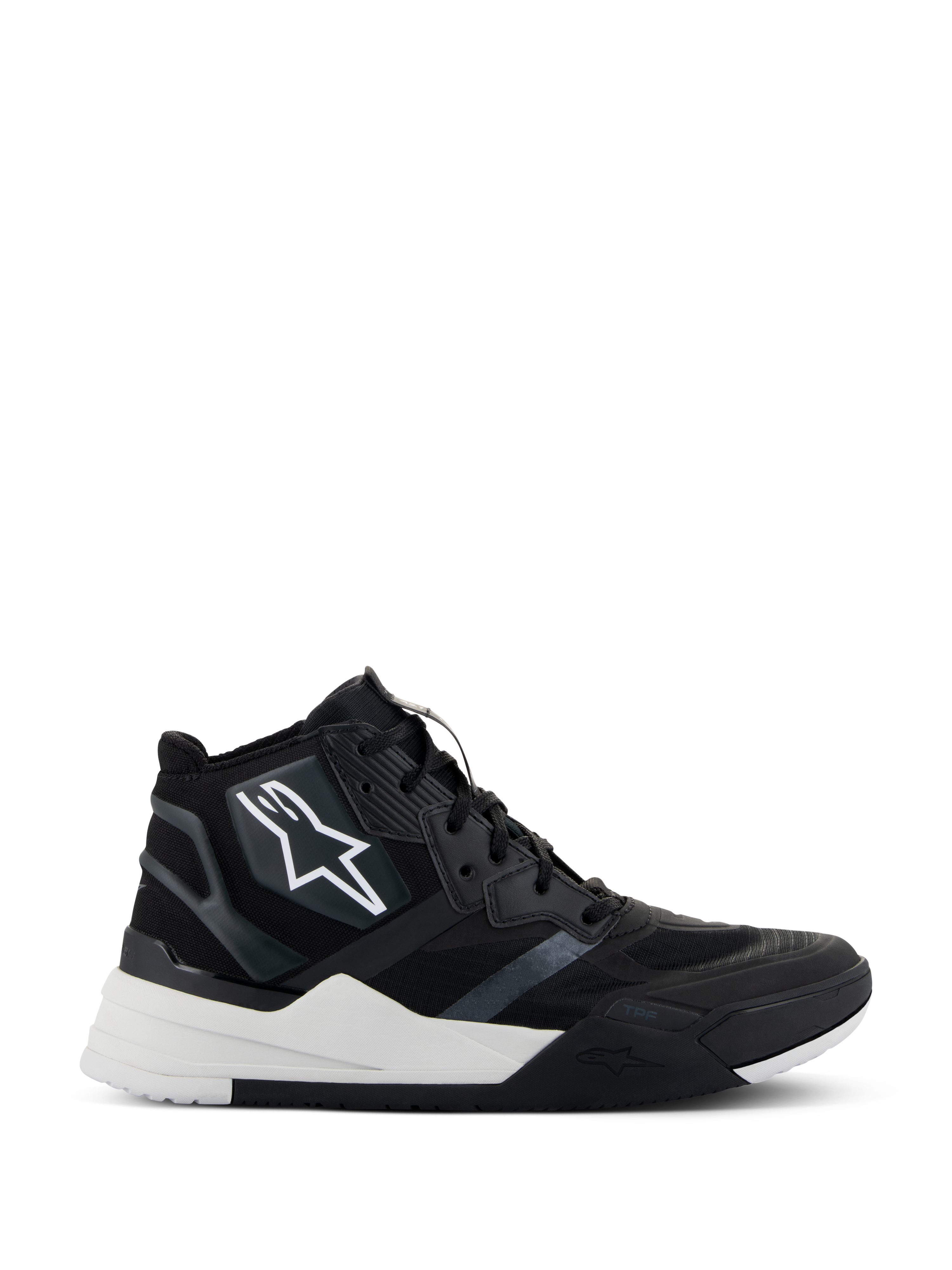 Alpinestars Speedflight schoenen, hoge motorschoenen, zwart en wit, ripstop bovenwerk met naadloze versterkingen, wit sterlogo aan de zijkant, dual-density zool met dikke witte tussenzool en zwarte accenten, modern sneaker-geïnspireerd ontwerp voor stedelijk motorrijden