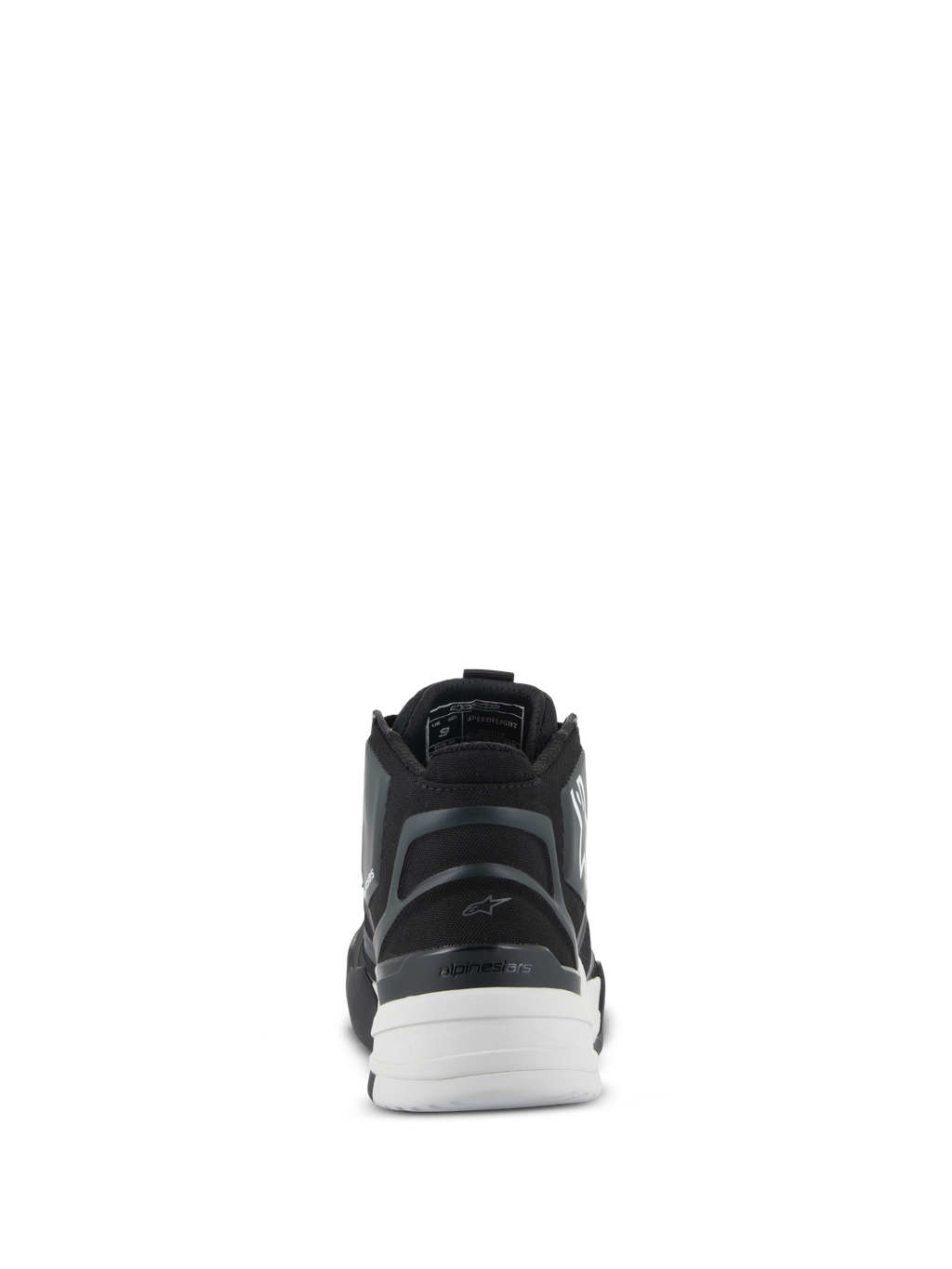 Alpinestars Speedflight schoenen, zwart en wit, achteraanzicht met een gegoten semi-rigide hielstuk, asymmetrische TPU-hielkap en witte dual-density zool, urban motorschoenen