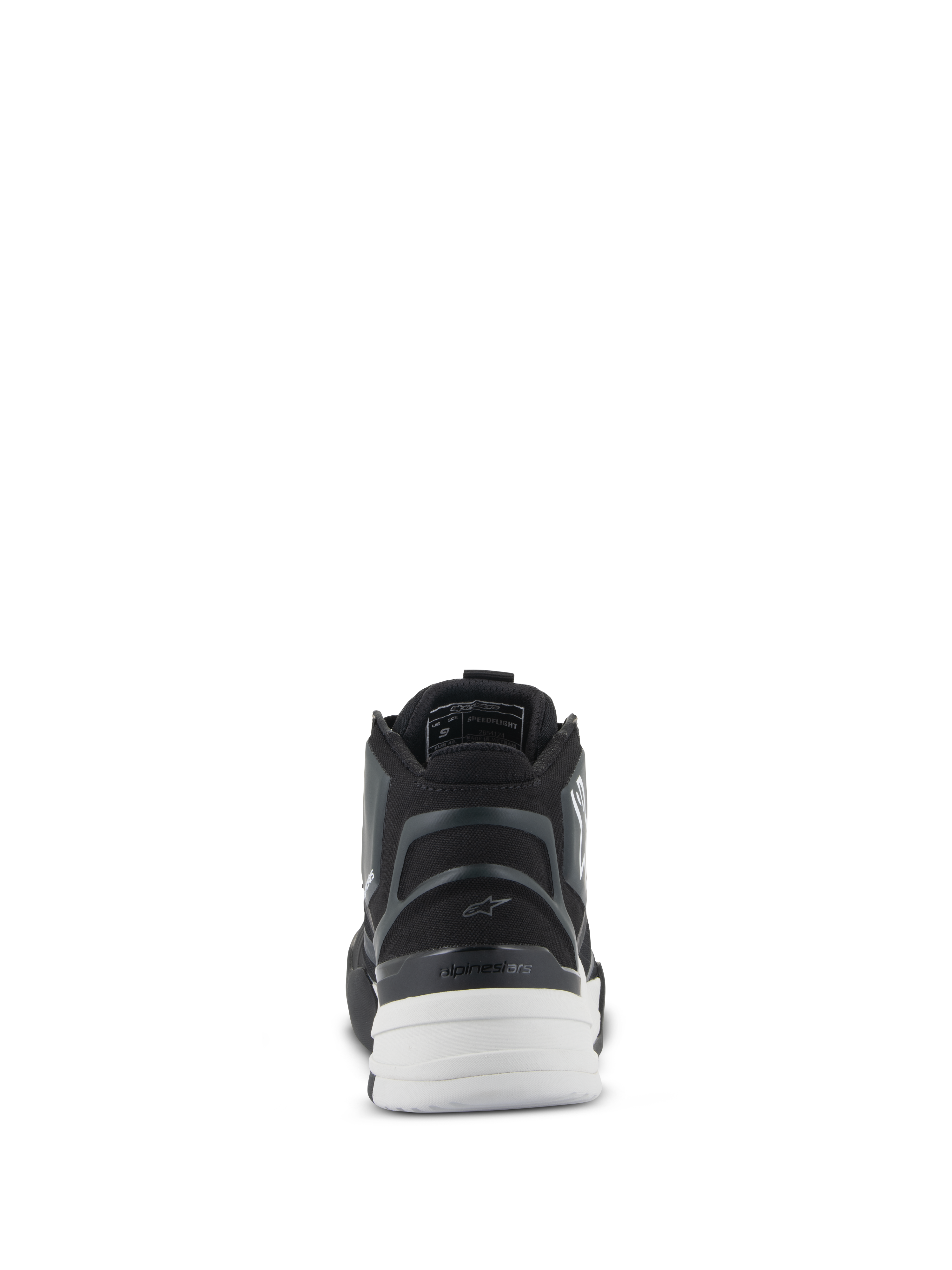 Alpinestars Speedflight schoenen, zwart en wit, achteraanzicht met een gegoten semi-rigide hielstuk, asymmetrische TPU-hielkap en witte dual-density zool, urban motorschoenen