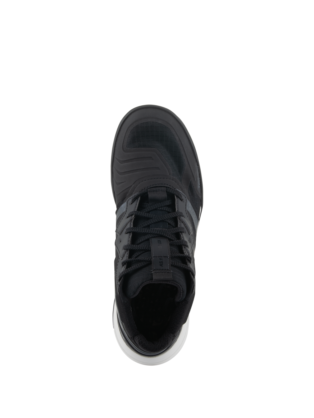 Alpinestars Speedflight schoenen, performance motorschoenen, zwart en wit, bovenaanzicht met ripstop bovenwerk, veters met vetersluiting houderband en witte zoolaccenten, street-style motor sneaker