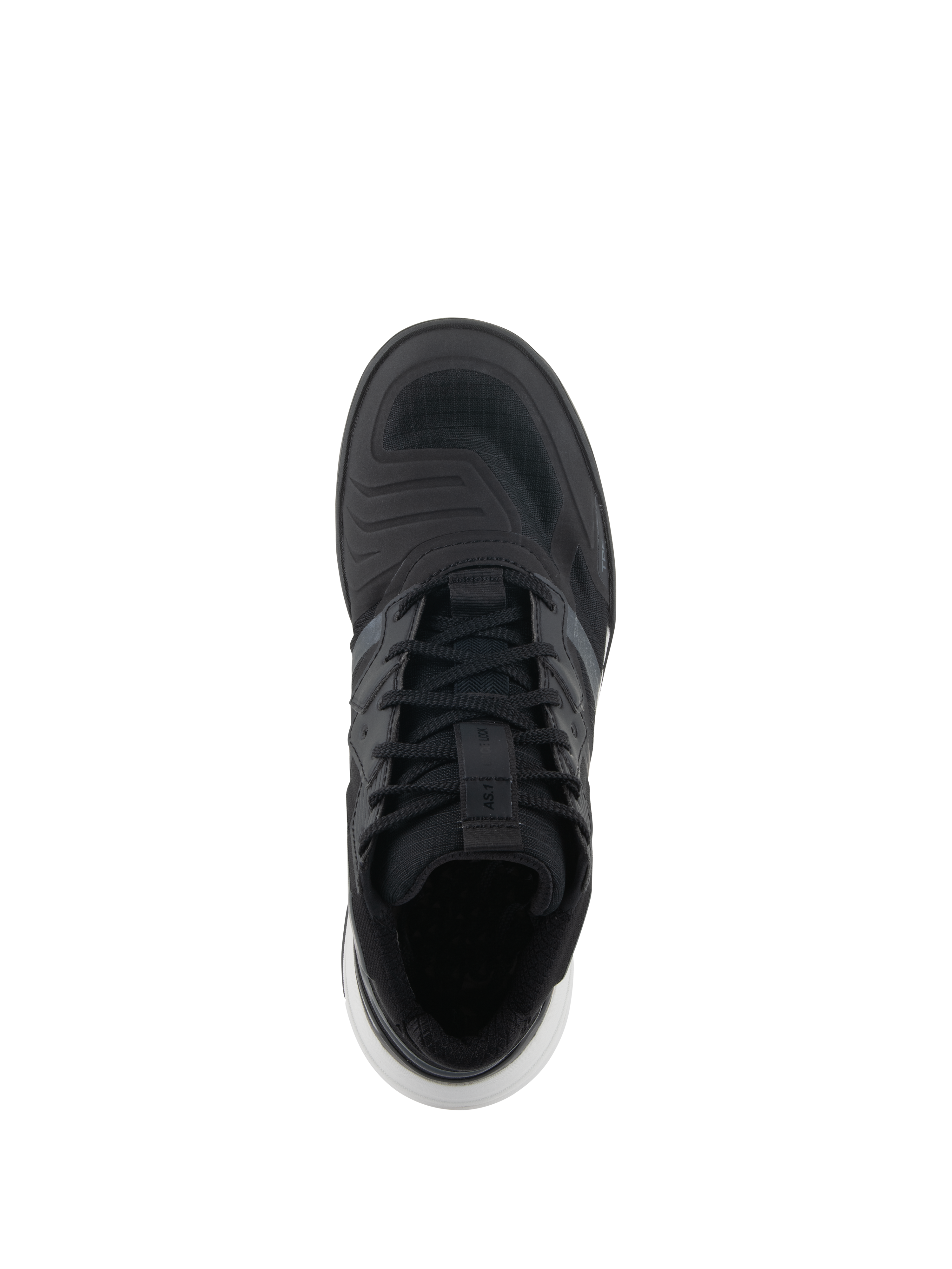 Alpinestars Speedflight schoenen, performance motorschoenen, zwart en wit, bovenaanzicht met ripstop bovenwerk, veters met vetersluiting houderband en witte zoolaccenten, street-style motor sneaker