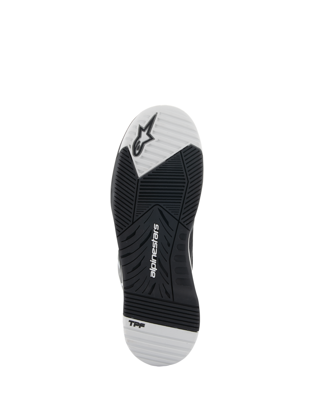 Alpinestars Speedflight-schoenen, zwart en wit, onderaanzicht van de buitenzool met dual-density rubberen zool, voorzien van Alpinestars-logo en TPF-branding, asymmetrisch profiel voor grip en stabiliteit tijdens het motorrijden