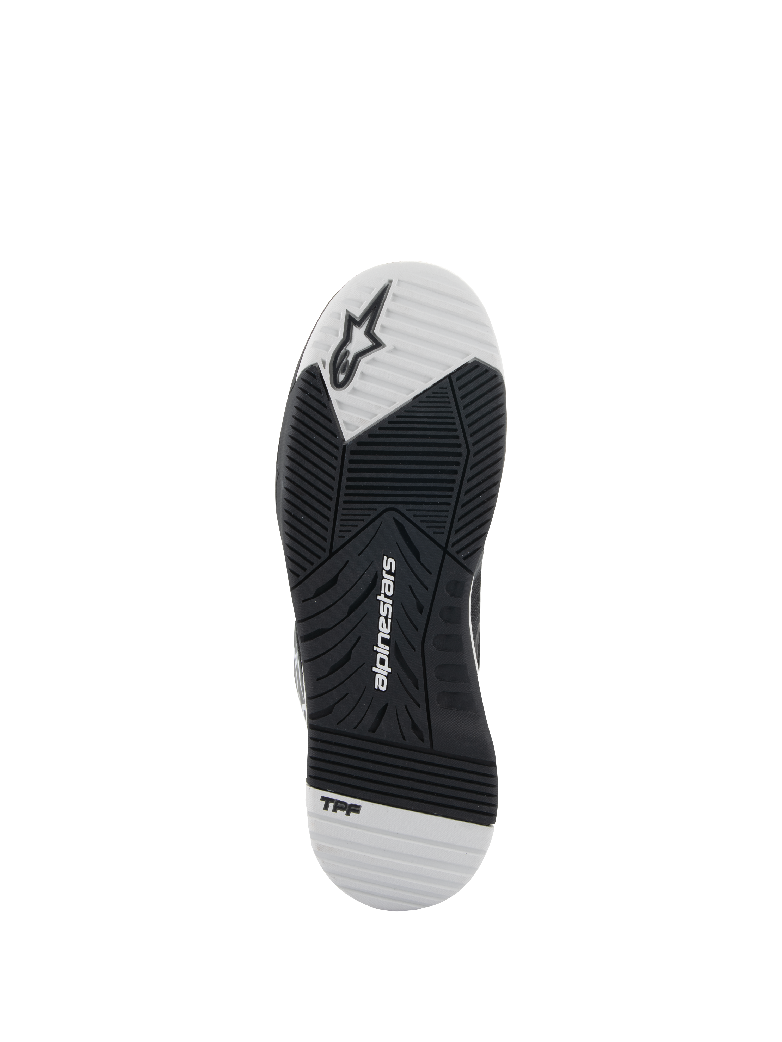 Alpinestars Speedflight-schoenen, zwart en wit, onderaanzicht van de buitenzool met dual-density rubberen zool, voorzien van Alpinestars-logo en TPF-branding, asymmetrisch profiel voor grip en stabiliteit tijdens het motorrijden
