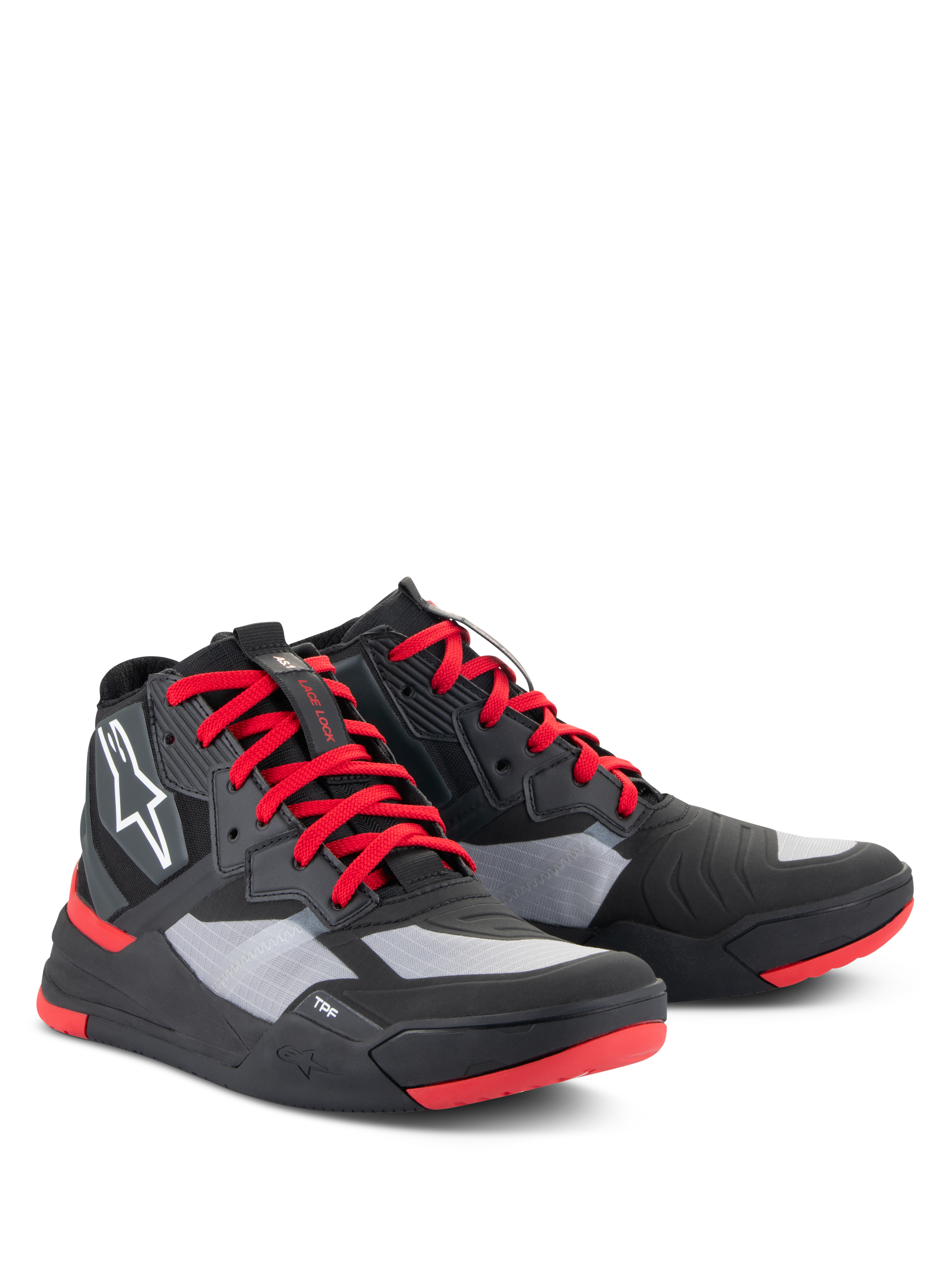 Alpinestars Speedflight Shoes, Performance Riding Shoes, Black Bright Red and White, featuring a ripstop upper with gray panels, red laces and sole accents, white Astars logo on the side, sport-styled motorcycle sneaker design