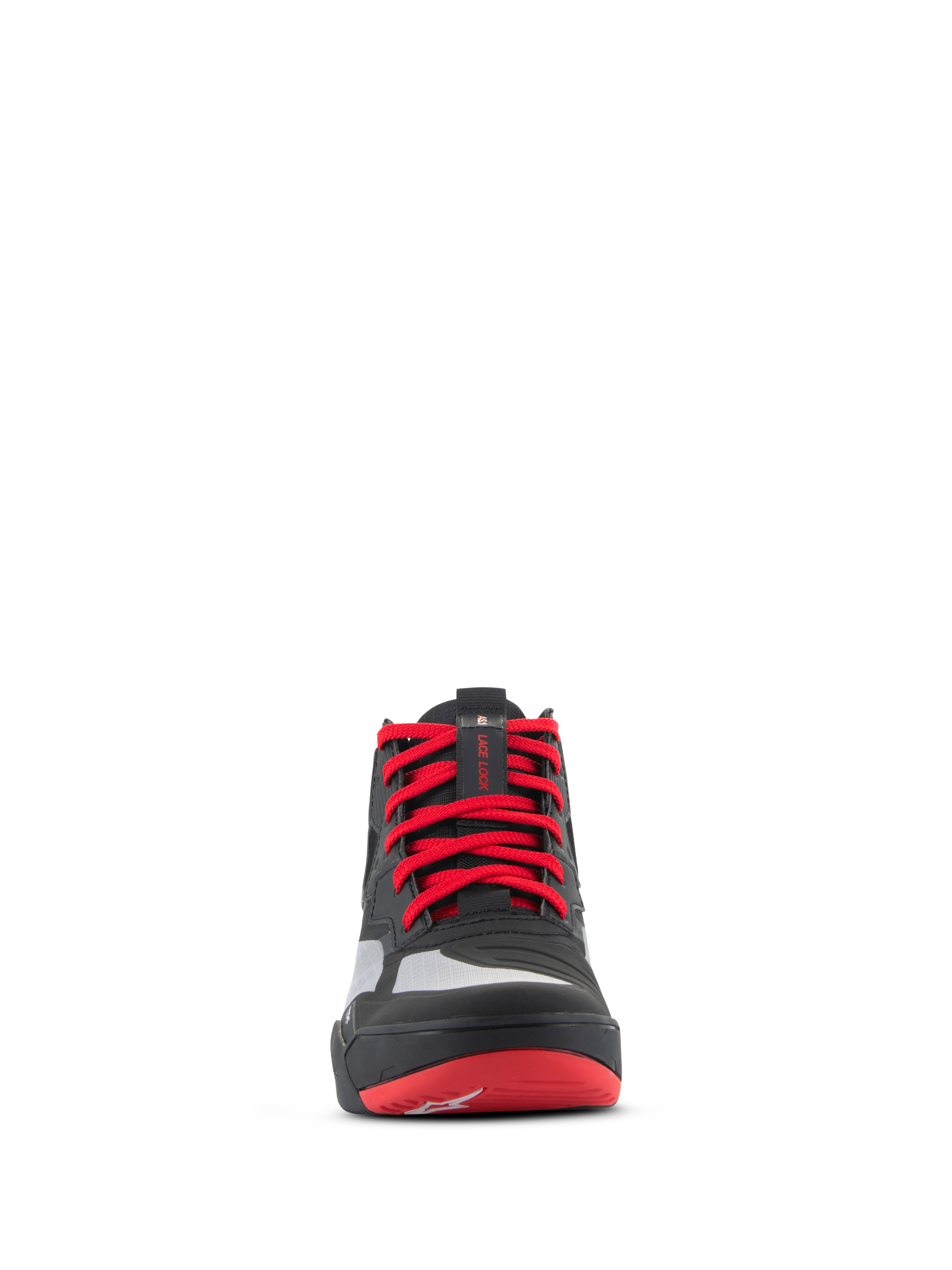 Alpinestars Speedflight Shoes, Performance Riding Shoes, Black Bright Red and White, front view featuring vibrant red laces, lace lock holder strap on the tongue, and seamless reinforcement panels for urban motorcycle riding.