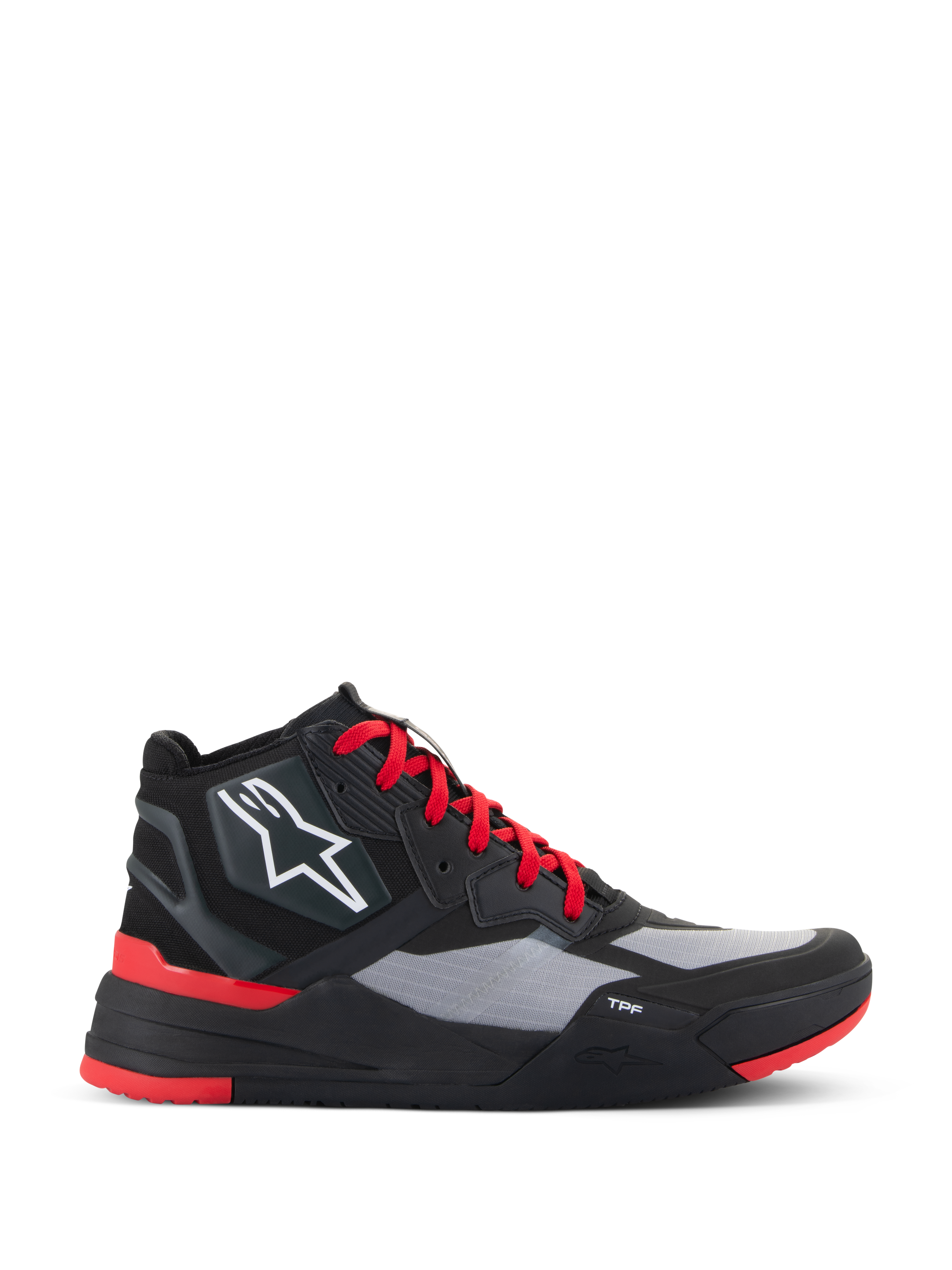 Alpinestars Speedflight Shoes, high-top motorcycle riding sneakers, Black and Bright Red with grey panels, featuring white star logo, red laces, and sporty urban design with TPF midsole