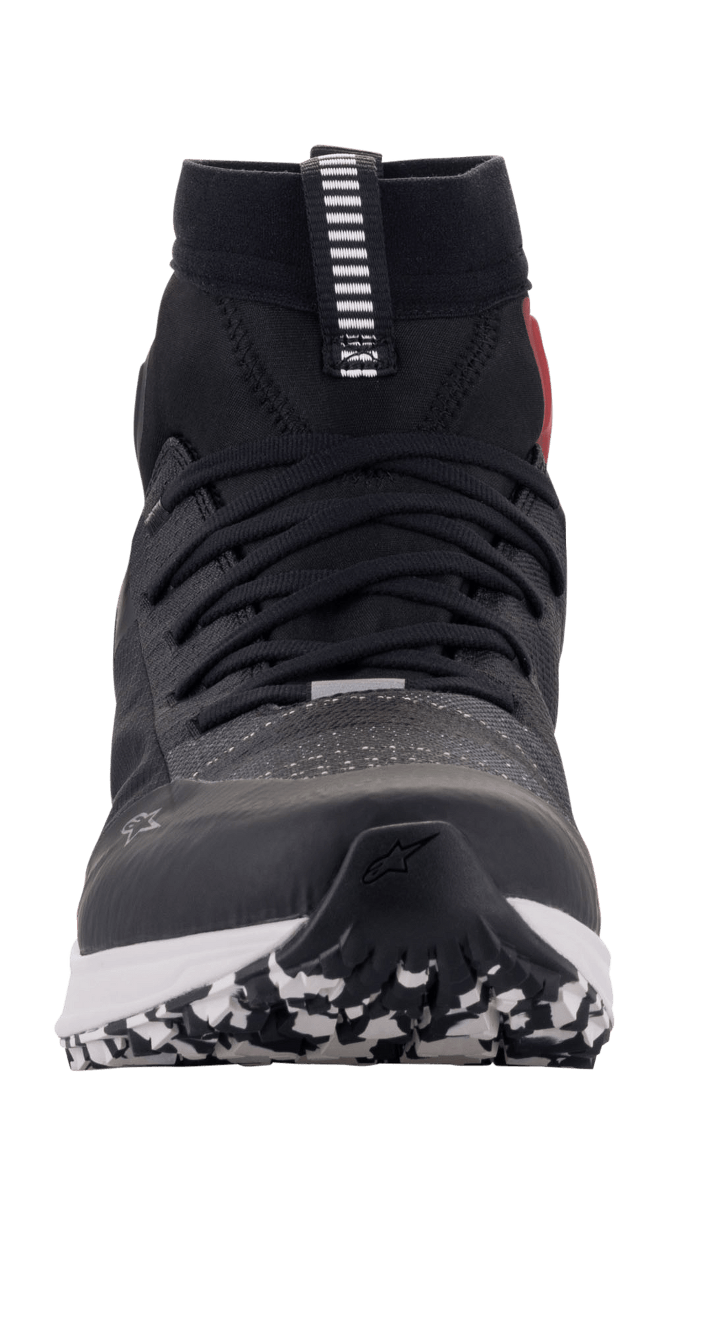 Alpinestars Speedforce Schuhe, Motorradschuhe, Schwarz, Weiß und Rot, Vorderansicht mit Laufschuh-Silhouette, MATRYX-Obermaterial, High-Cut-Design und gemusterter Außensohle
