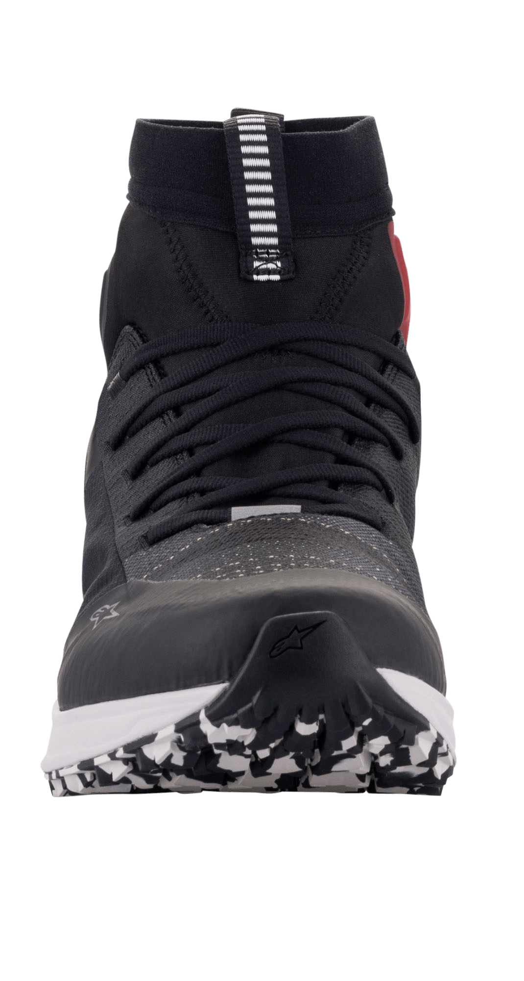 Alpinestars Speedforce Schuhe, Motorradschuhe, Schwarz, Weiß und Rot, Vorderansicht mit Laufschuh-Silhouette, MATRYX-Obermaterial, High-Cut-Design und gemusterter Außensohle
