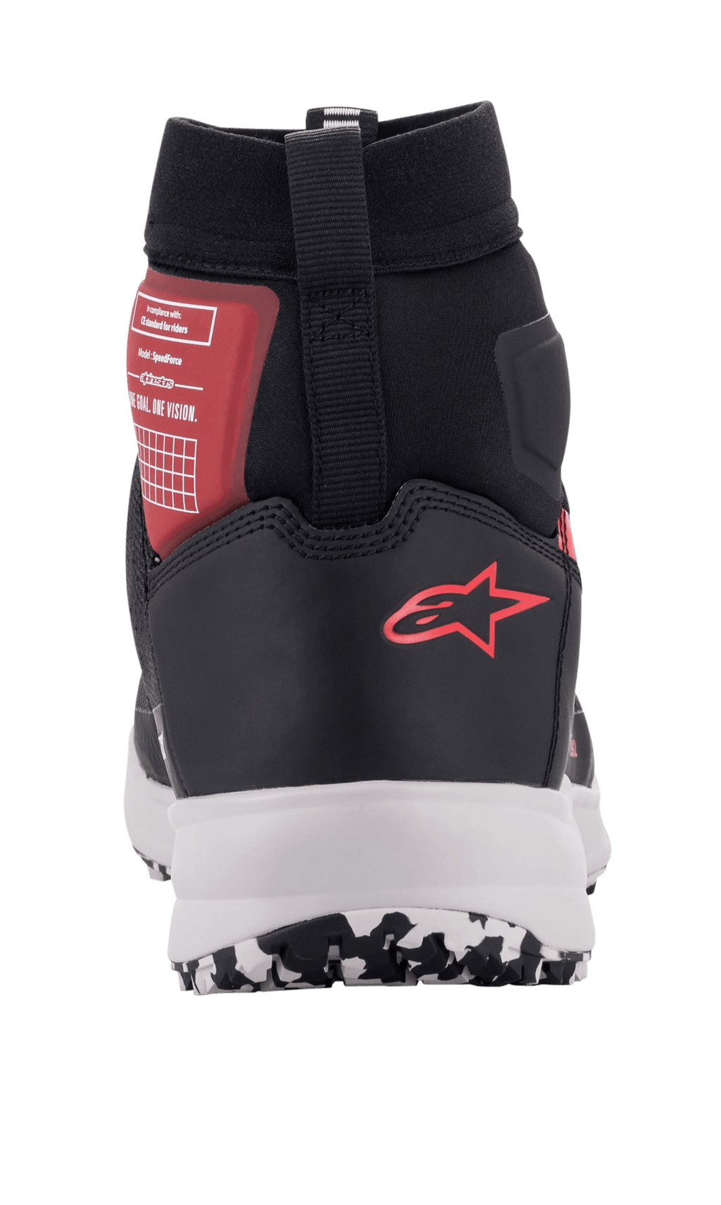 Alpinestars Speedforce Schuhe, urbane Motorradschuhe in Schwarz, Weiß und Rot, Rückansicht mit rotem Alpinestars-Logo an der Ferse, weißer Zwischensohle und hohem Knöchelsupport.