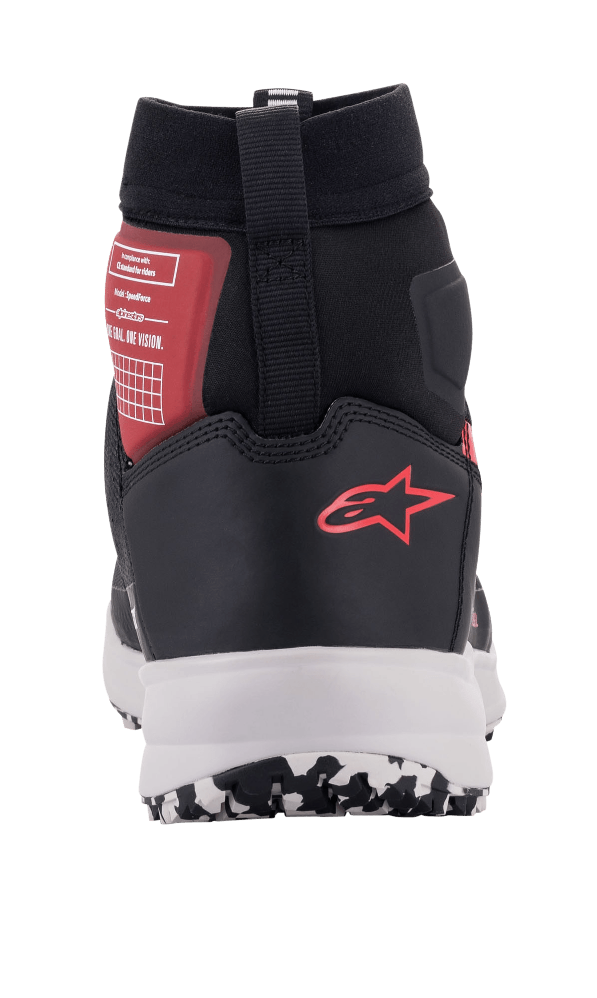 Alpinestars Speedforce Schuhe, urbane Motorradschuhe in Schwarz, Weiß und Rot, Rückansicht mit rotem Alpinestars-Logo an der Ferse, weißer Zwischensohle und hohem Knöchelsupport.