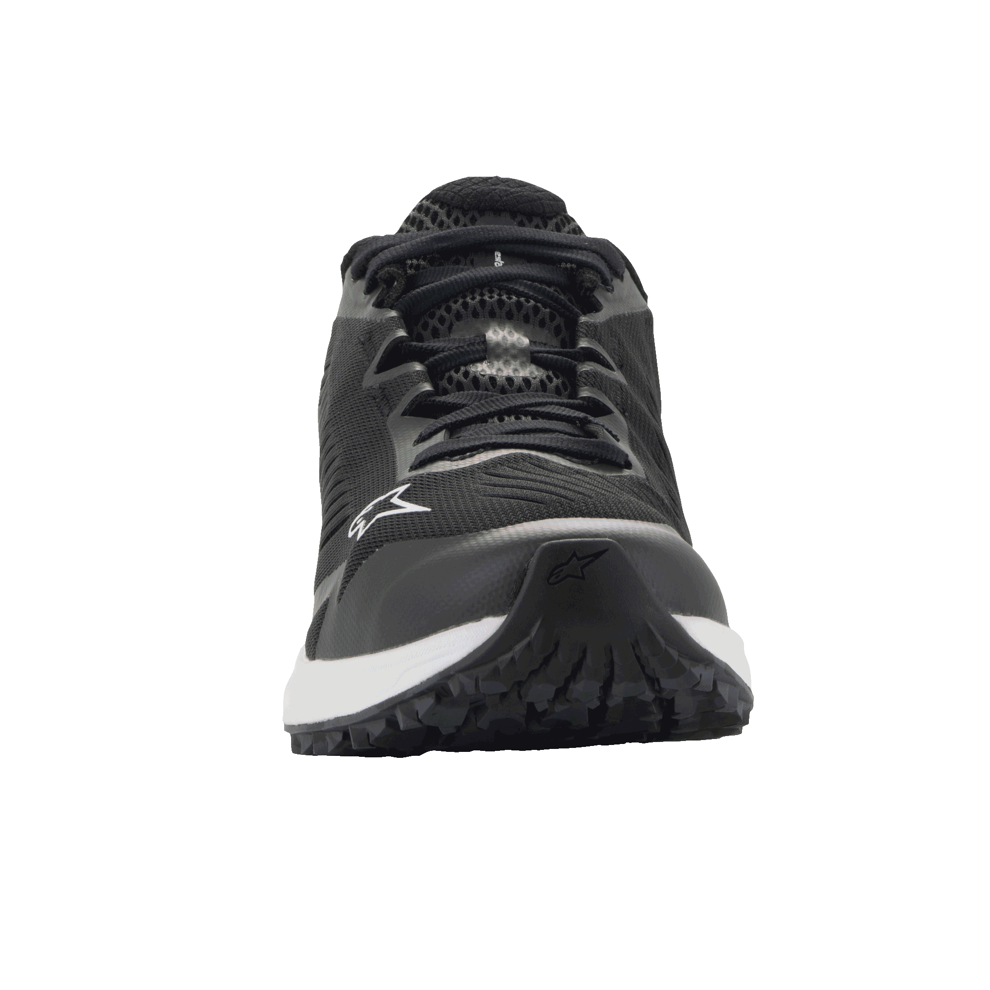 Alpinestars Meta Road V2 schoenen, sportswear schoenen, zwart en wit, vooraanzicht met ademende mesh-constructie, witte tussenzool en Alpinestars-logo op de zijkant en de neus, lichtgewicht op motorsport geïnspireerde werkkleding