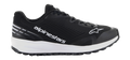 Alpinestars Meta Road V2 schoenen, zwart atletisch schoeisel met een dikke witte zool, witte Alpinestars-branding en sterlogo, bovenwerk van getextureerd mesh, zwarte veters en robuuste grip-buitenzool, lichtgewicht sportief ontwerp voor raceteam-werkkleding en casual gebruik