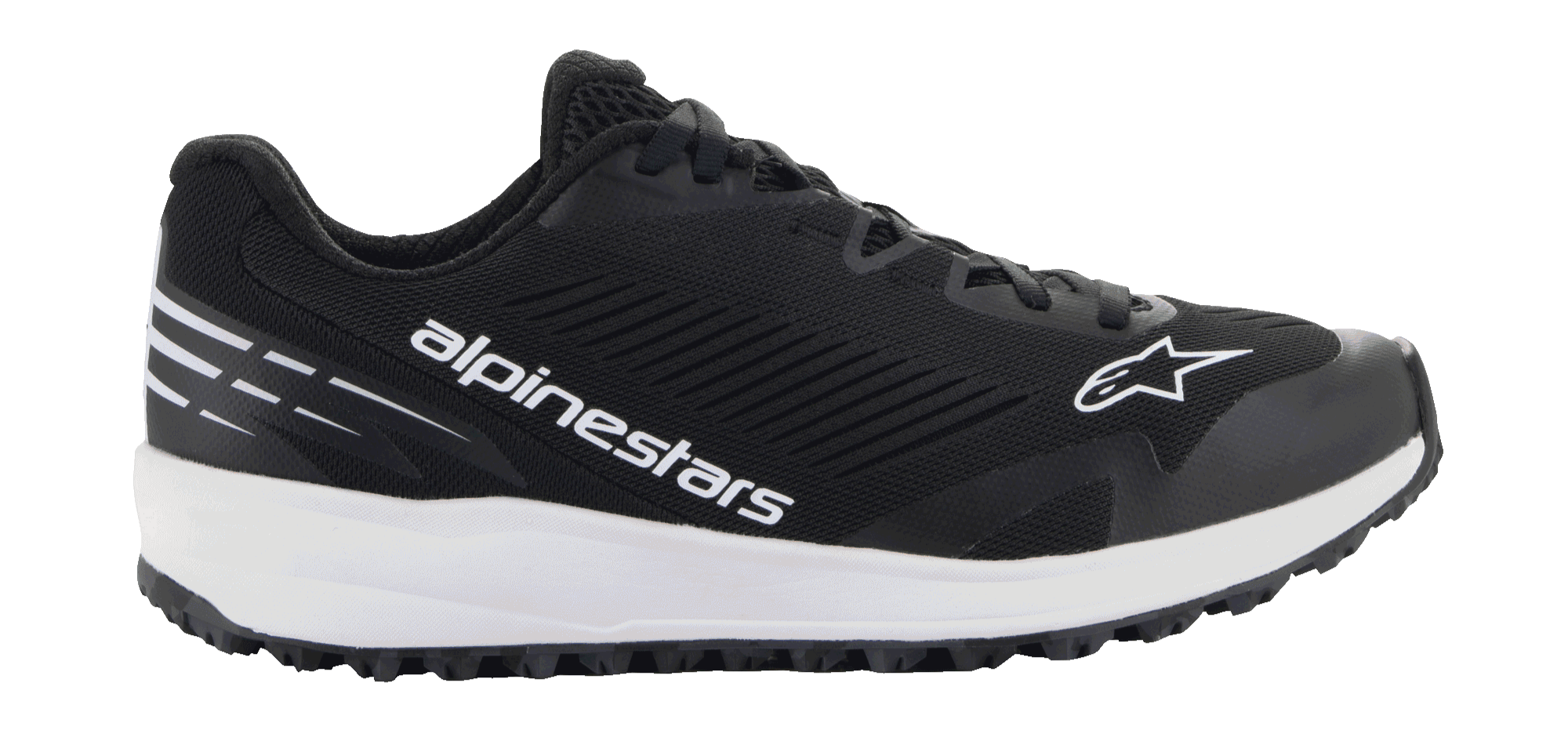 Alpinestars Meta Road V2 schoenen, zwart atletisch schoeisel met een dikke witte zool, witte Alpinestars-branding en sterlogo, bovenwerk van getextureerd mesh, zwarte veters en robuuste grip-buitenzool, lichtgewicht sportief ontwerp voor raceteam-werkkleding en casual gebruik