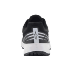 Alpinestars Meta Road V2 schoenen, sportswear schoenen, zwart en wit, achteraanzicht met wit Alpinestars-sterlogo en horizontale strepen op de hiel, witte tussenzool, lichtgewicht ademend ontwerp voor race-team werkkleding
