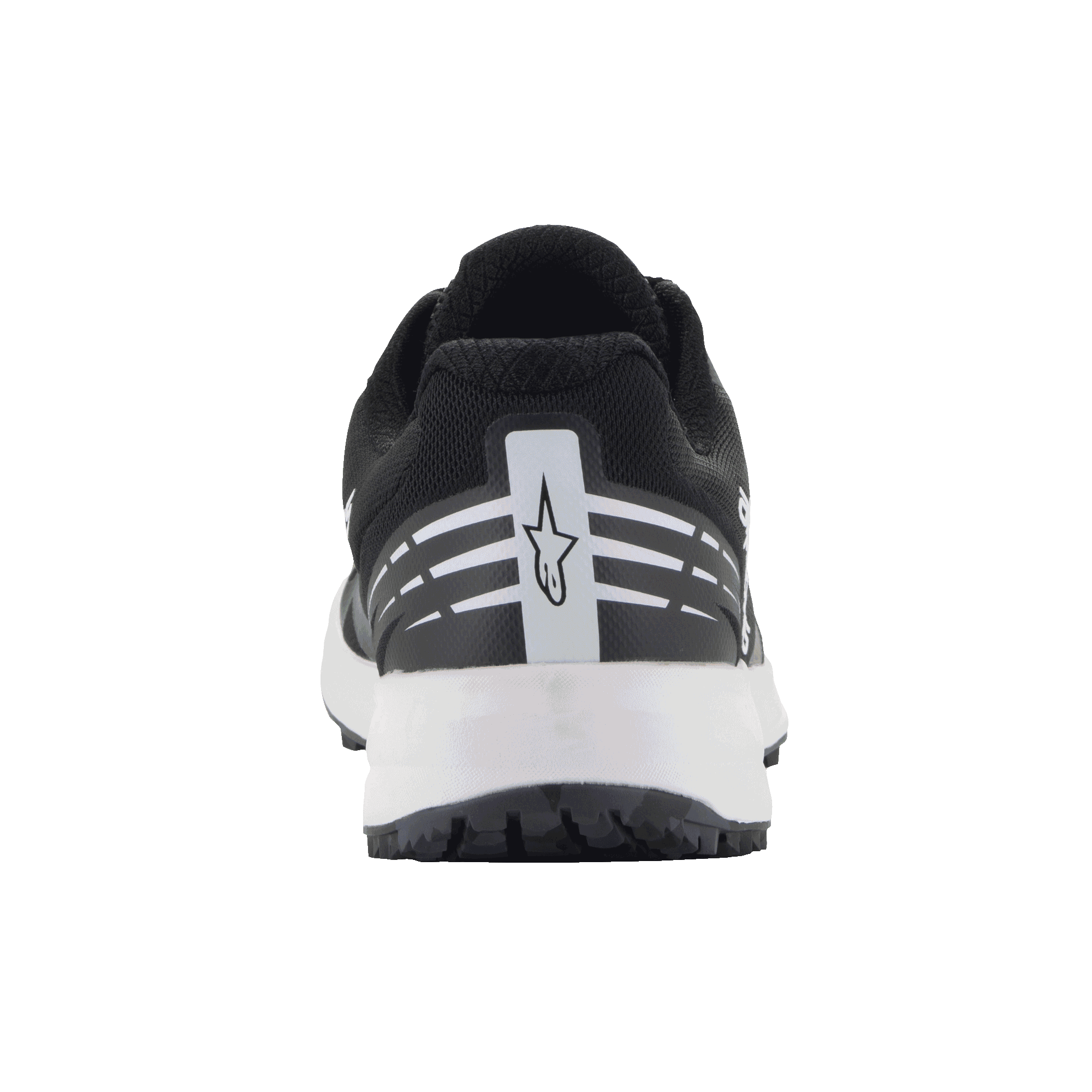 Alpinestars Meta Road V2 schoenen, sportswear schoenen, zwart en wit, achteraanzicht met wit Alpinestars-sterlogo en horizontale strepen op de hiel, witte tussenzool, lichtgewicht ademend ontwerp voor race-team werkkleding