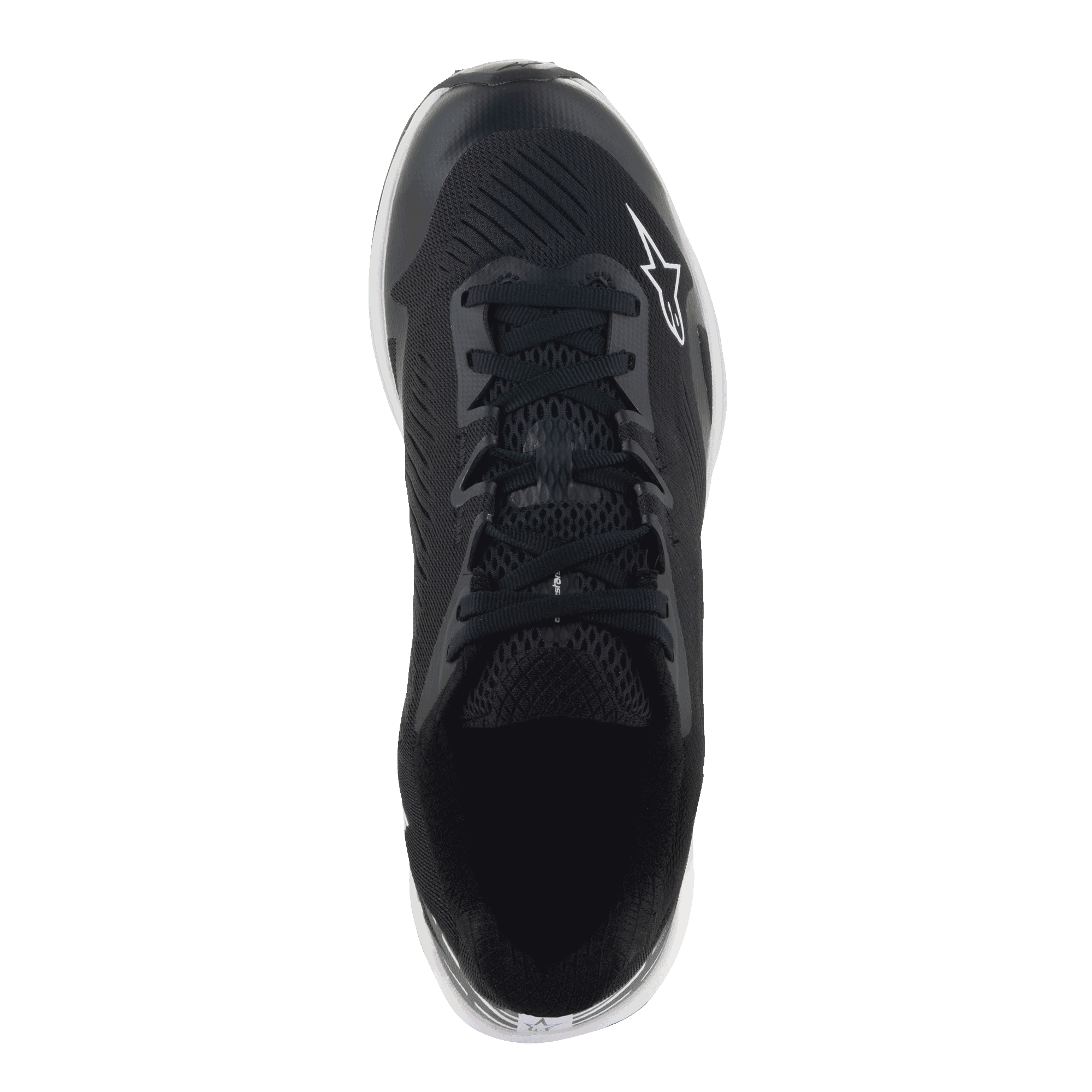 Alpinestars Meta Road V2 schoenen, sportswear schoenen, zwart en wit, bovenaanzicht met ademend synthetisch mesh-bovenwerk, zwarte veters en wit Astars-logo, ontworpen voor dagelijks comfort en race-team werkkleding.
