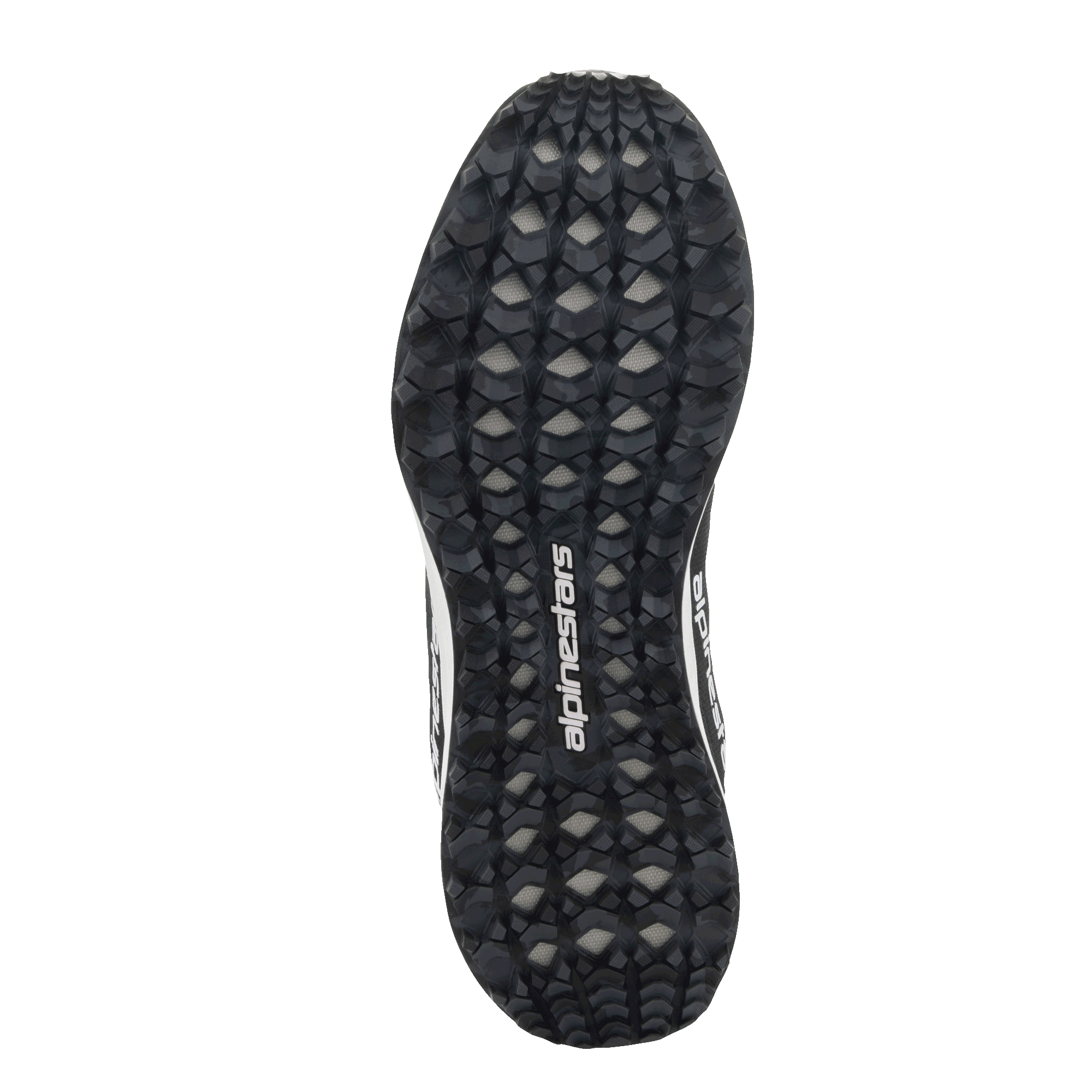 Alpinestars Meta Road V2 schoenen, onderaanzicht van de buitenzool, zwart en grijs camouflage-stijl noppenprofiel, wit Alpinestars-woordmerklogo, duurzame rubberen zool voor grip op verschillende terreinen