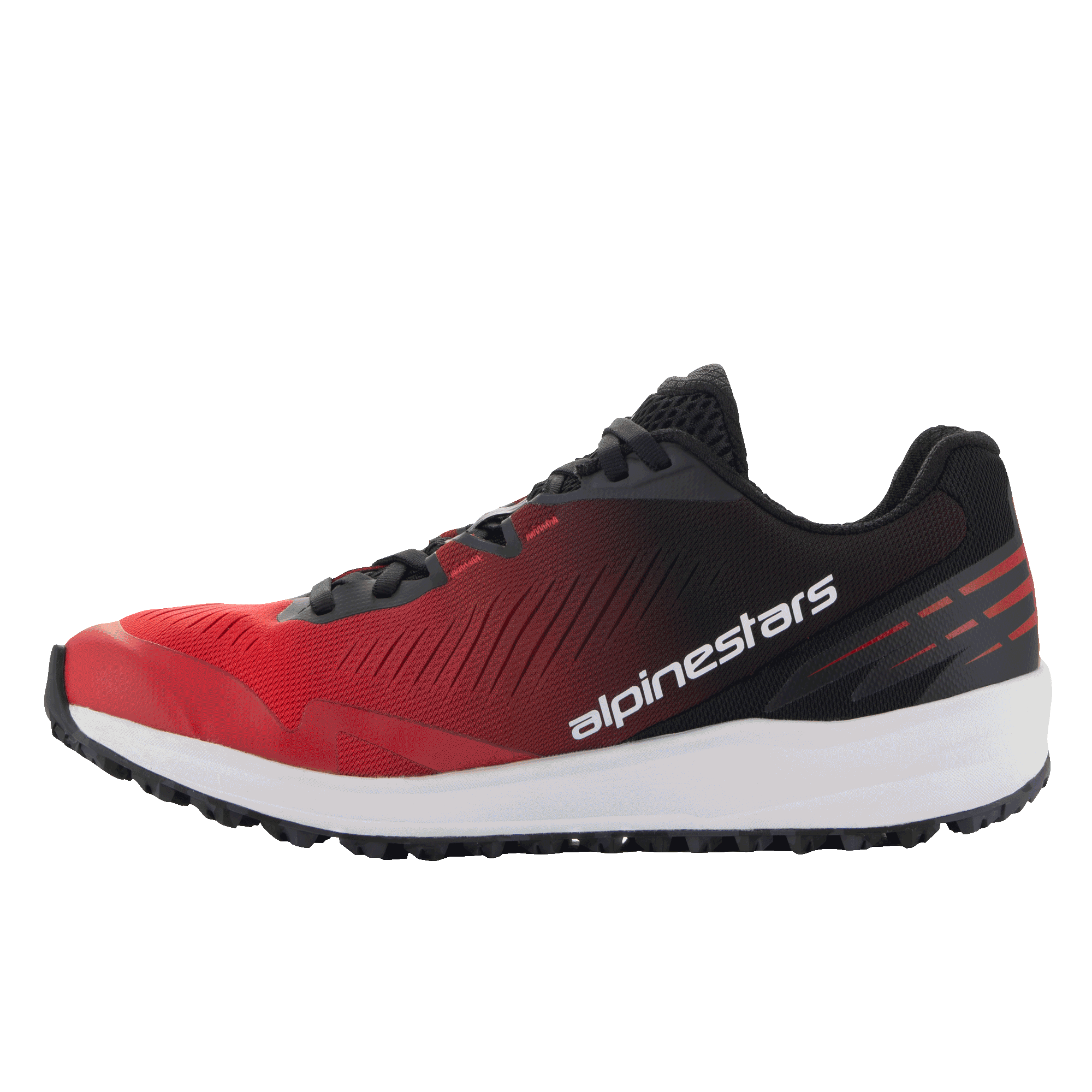 Alpinestars Meta Road V2 schoenen, sportswear schoenen, rood en zwart kleurverloop met witte tussenzool, zijprofiel met witte Alpinestars tekst-branding, lichtgewicht sportief ontwerp voor de hele dag comfort